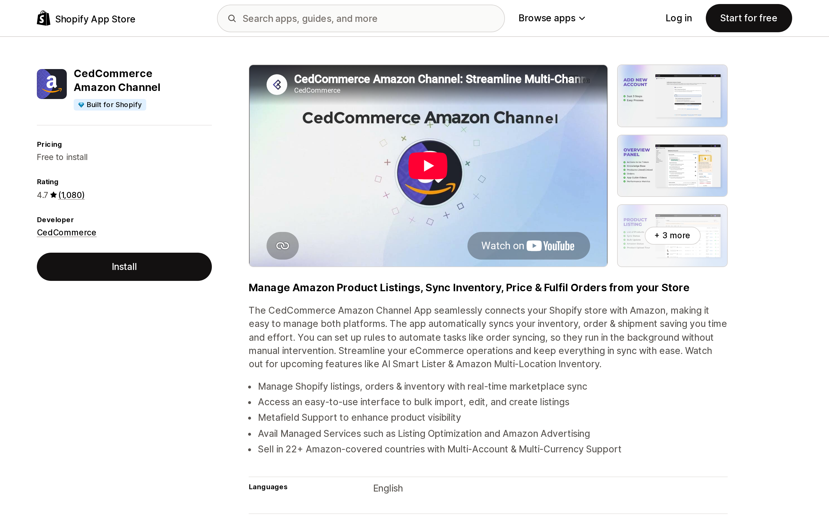 Top of the Shopify App Store listing page for CedCommerce Amazon Channel, showing the Built for Shopify badge and 4.7 rating