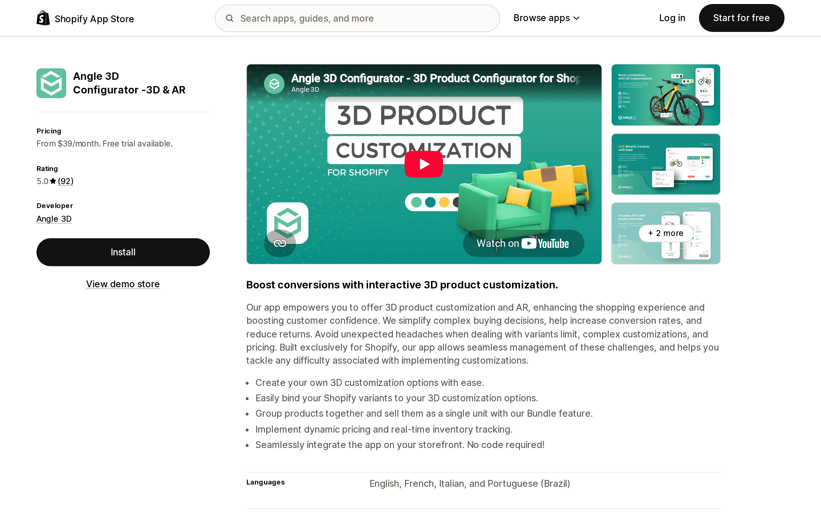 Top of the Shopify App Store listing page for Angle 3D Configurator ‑3D & AR