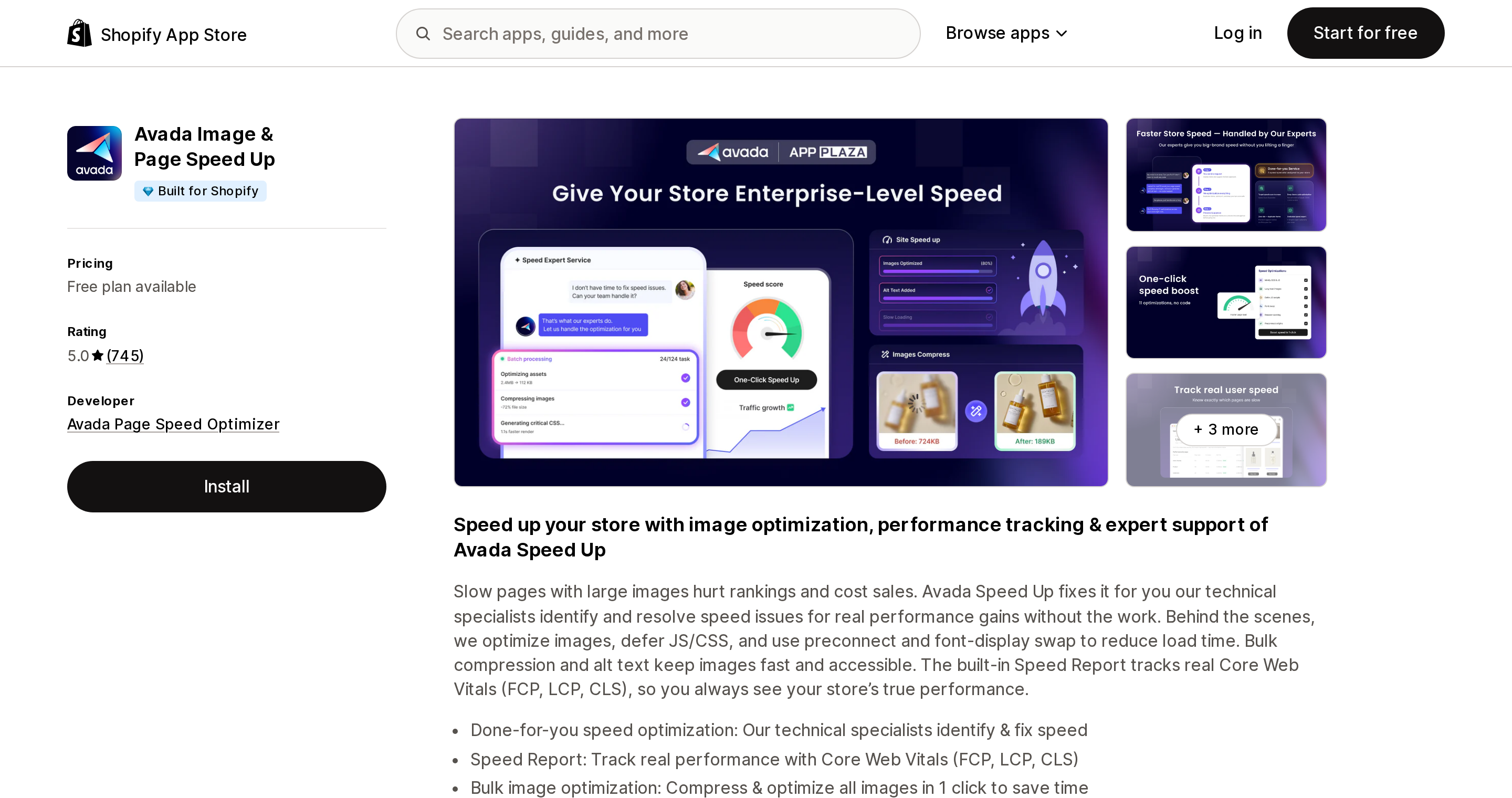 Top of the Shopify App Store listing page for Avada Image & Page Speed Up