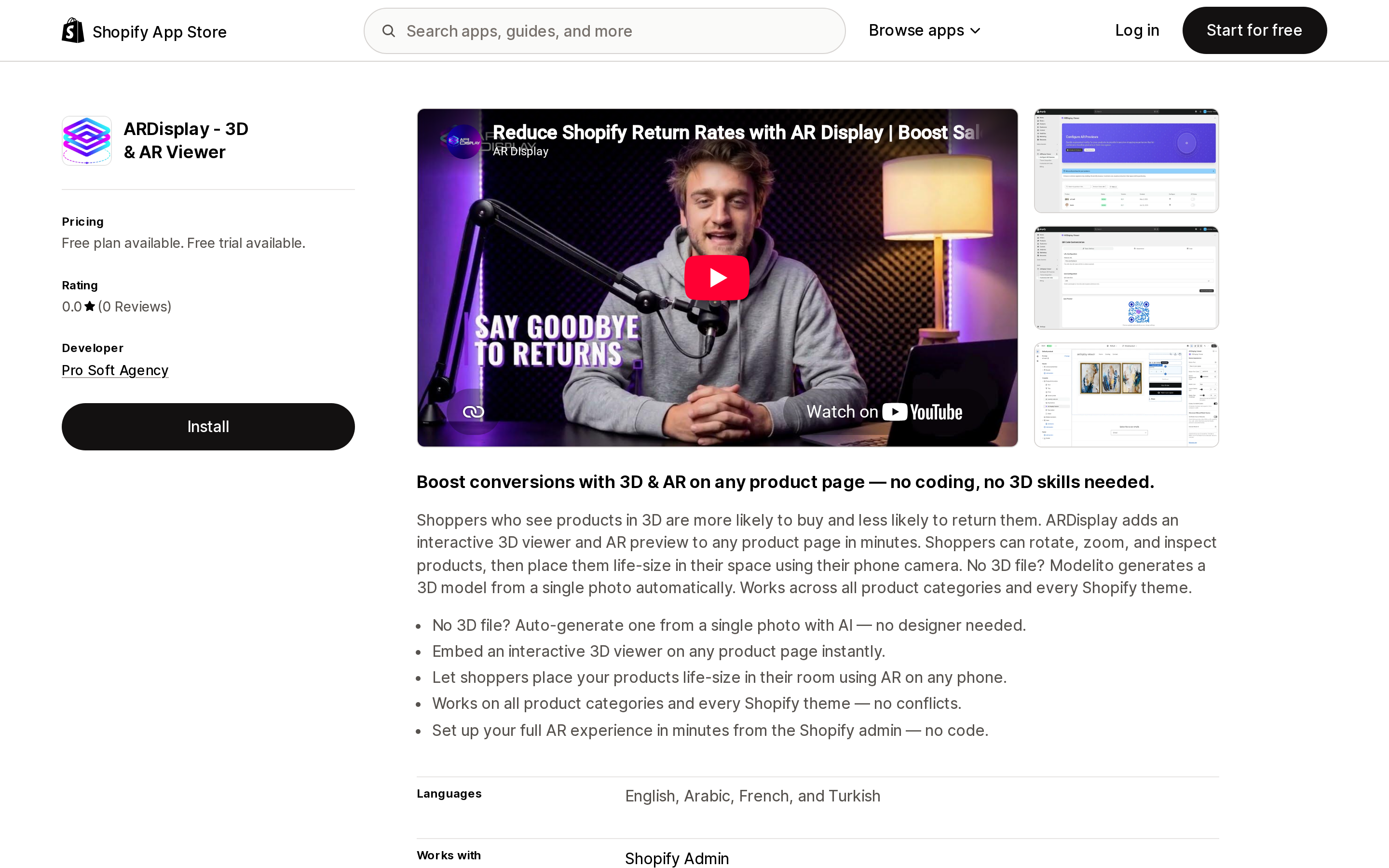 Top of the Shopify App Store listing page for ARDisplay ‑ 3D & AR Viewer