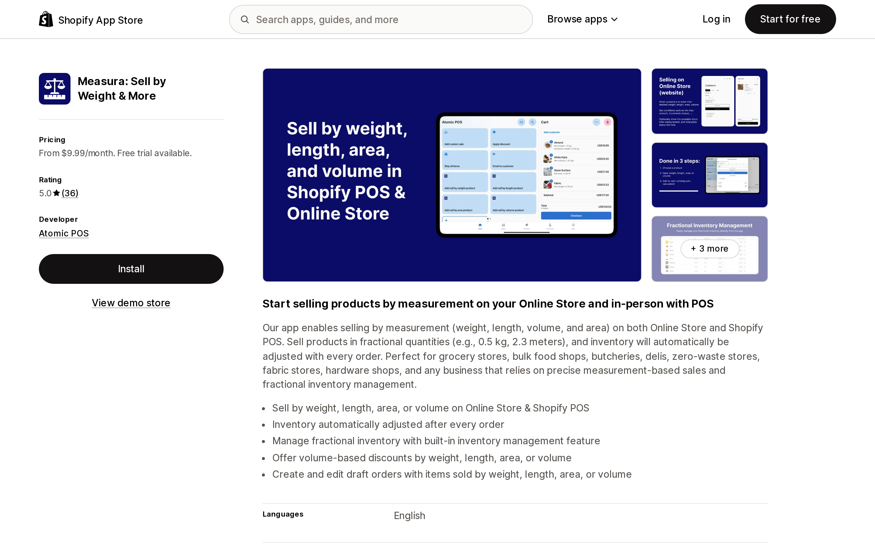 Top of the Shopify App Store listing page for Measura: Sell by Weight & More