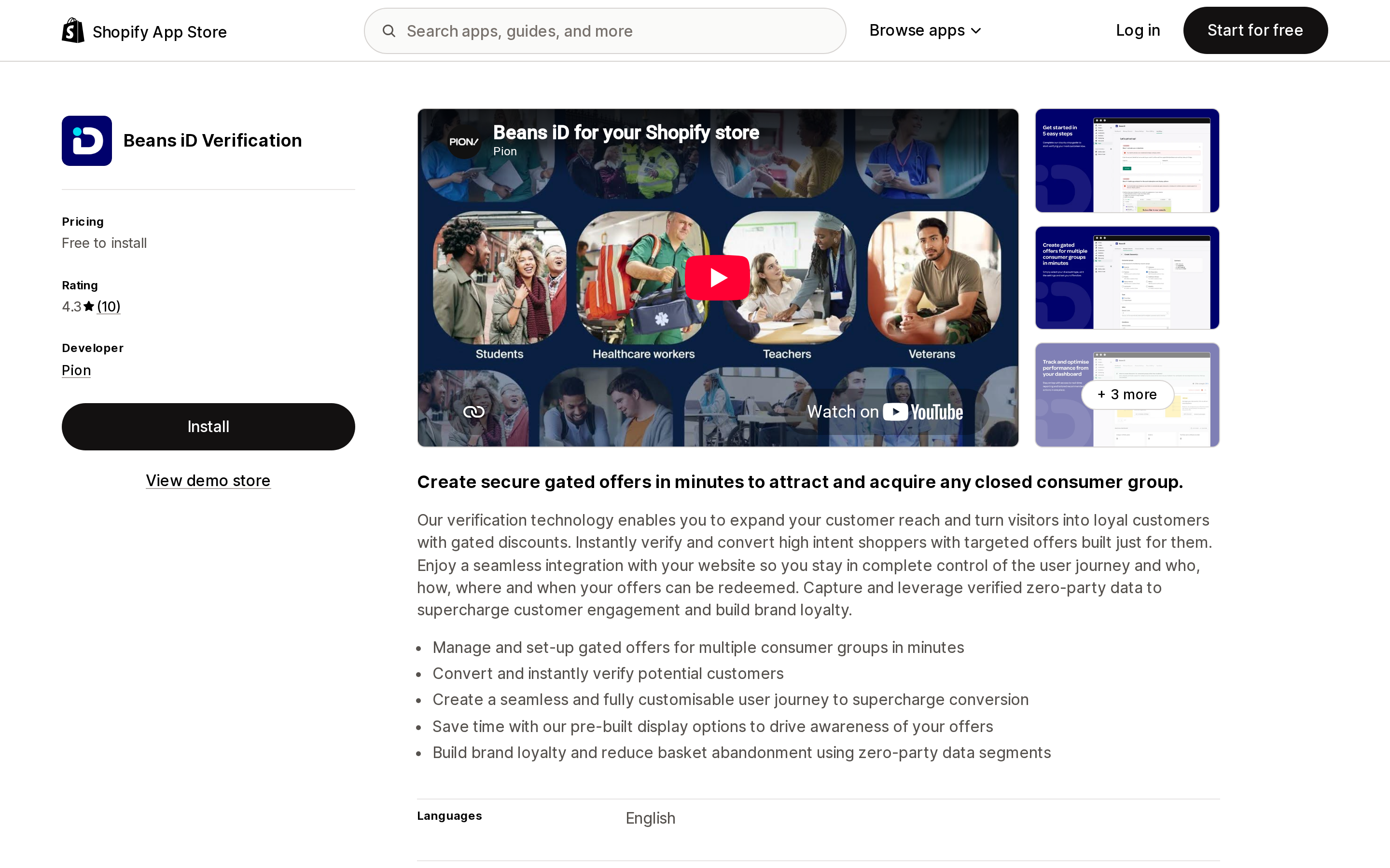 Top of the Shopify App Store listing page for Beans iD Verification