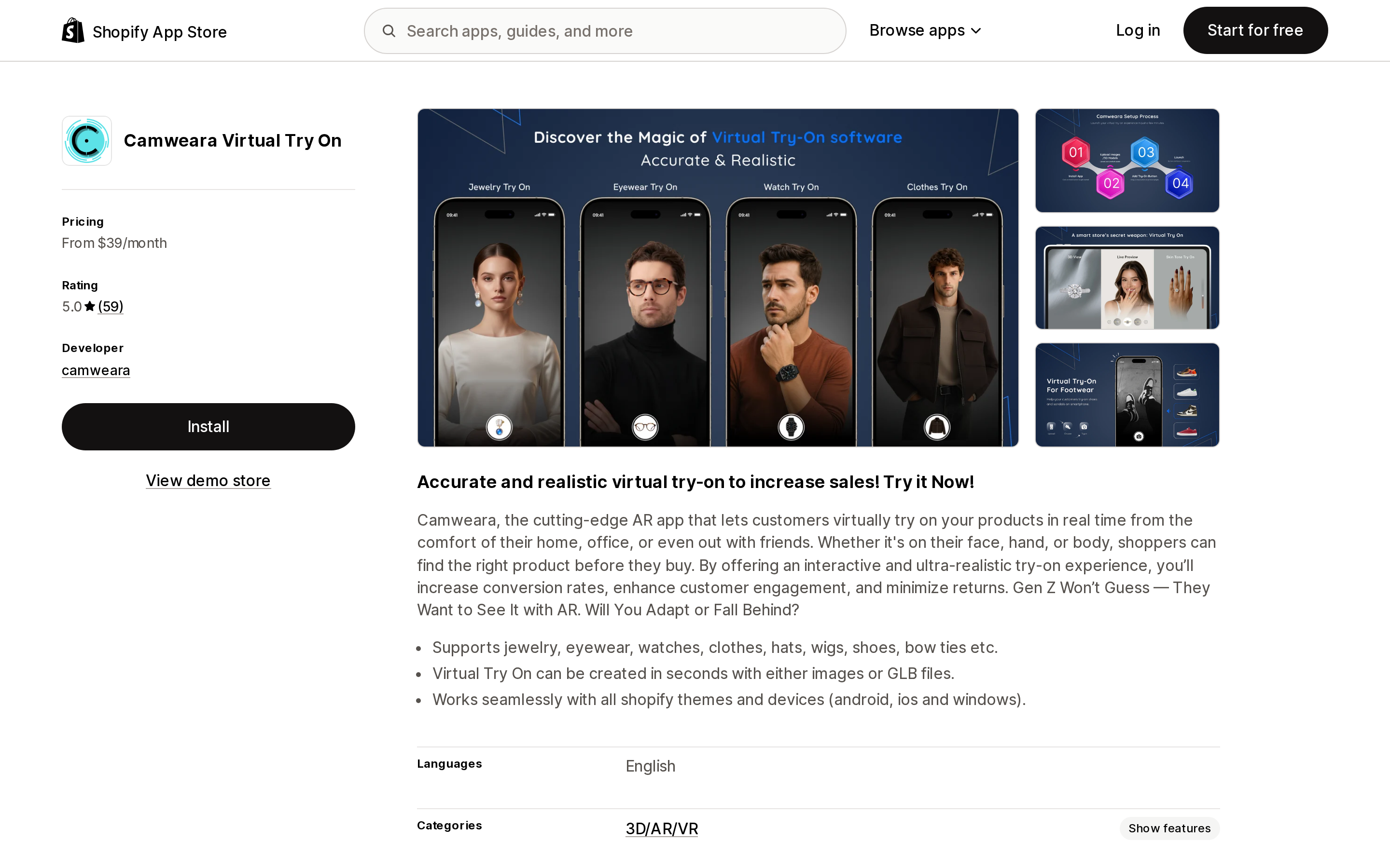 Top of the Shopify App Store listing page for Camweara Virtual Try On