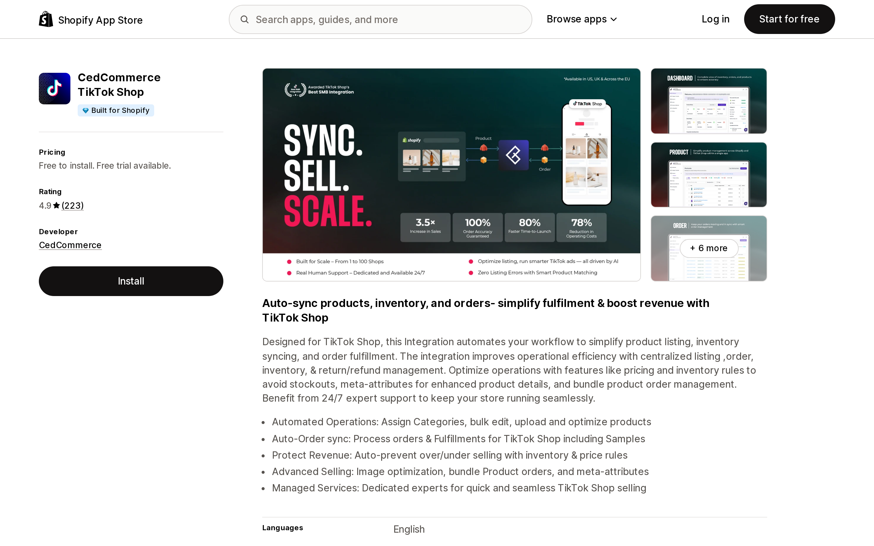 Top of the Shopify App Store listing page for CedCommerce TikTok Shop, showing the Built for Shopify badge