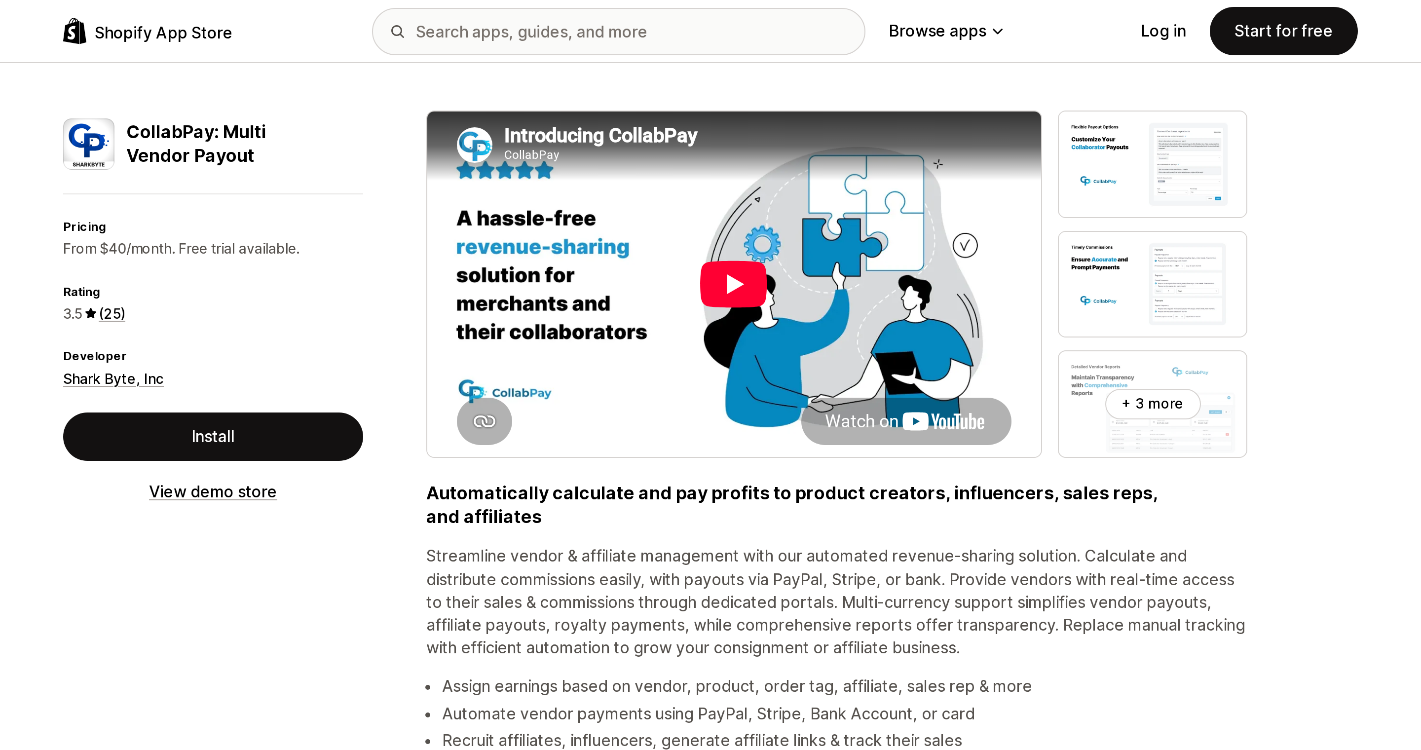 Top of the Shopify App Store listing page for CollabPay: Multi Vendor Payout