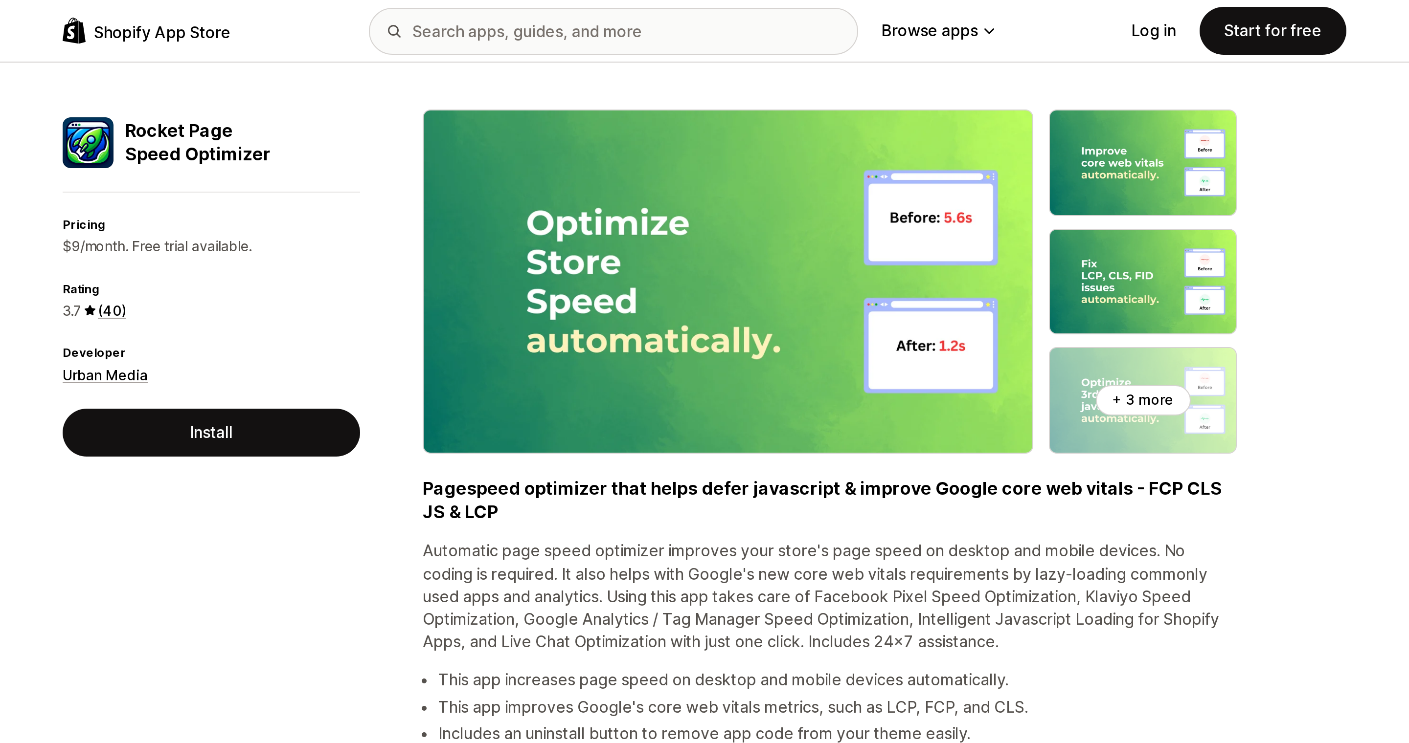 Top of the Shopify App Store listing page for Rocket Page Speed Optimizer