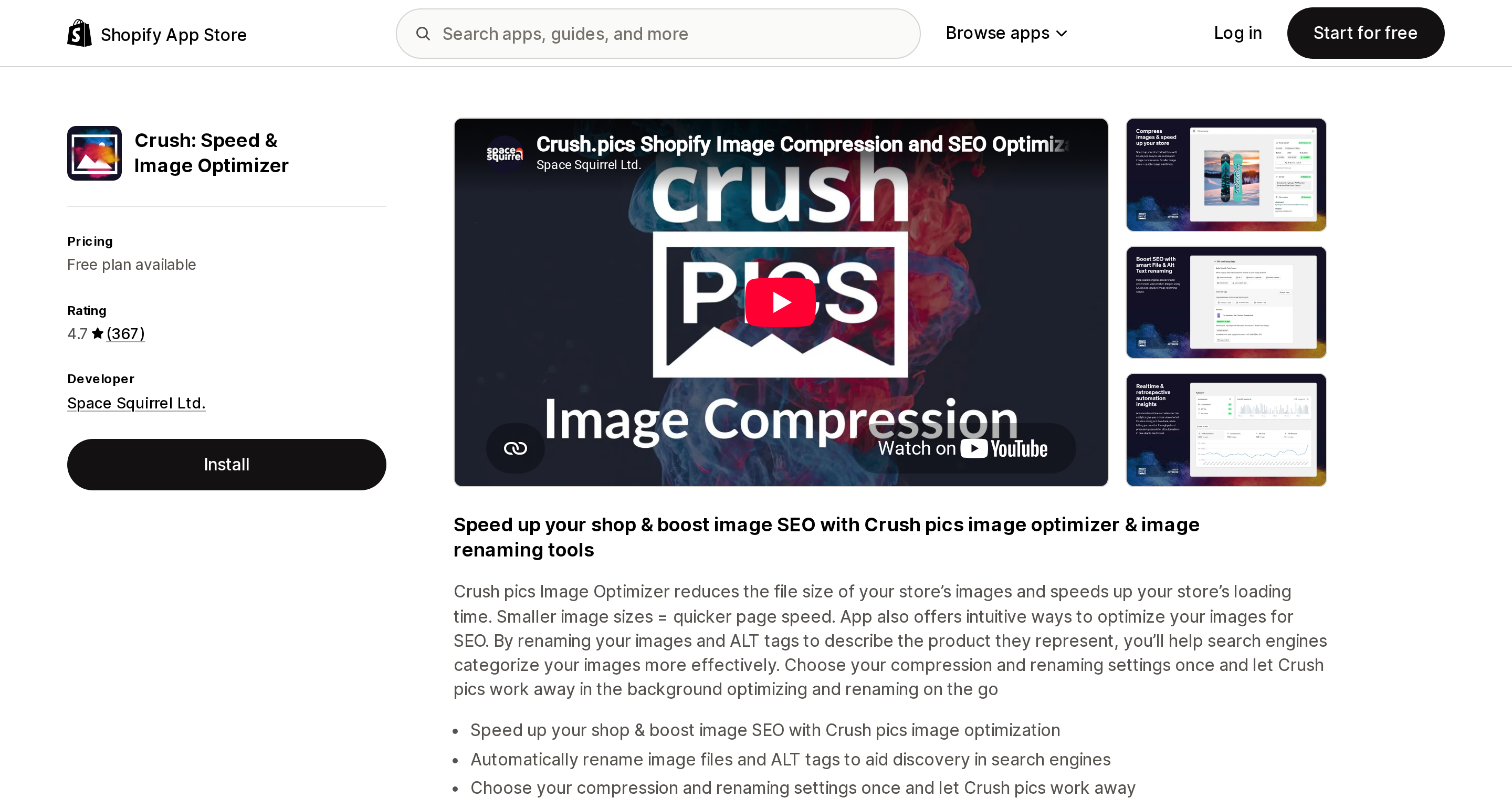 Top of the Shopify App Store listing page for Crush: Speed & Image Optimizer