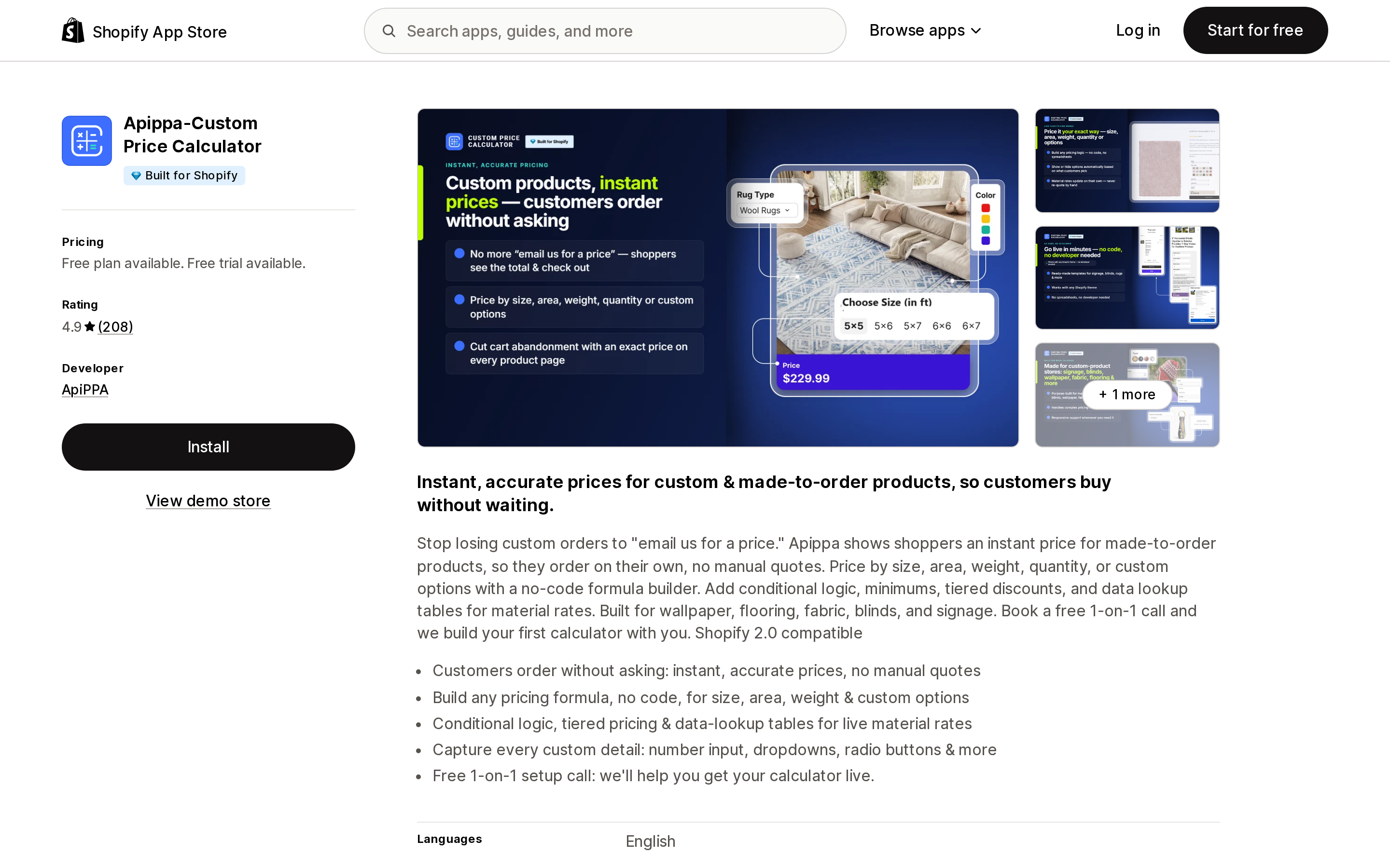 Top of the Shopify App Store listing page for Apippa‑Custom Price Calculator