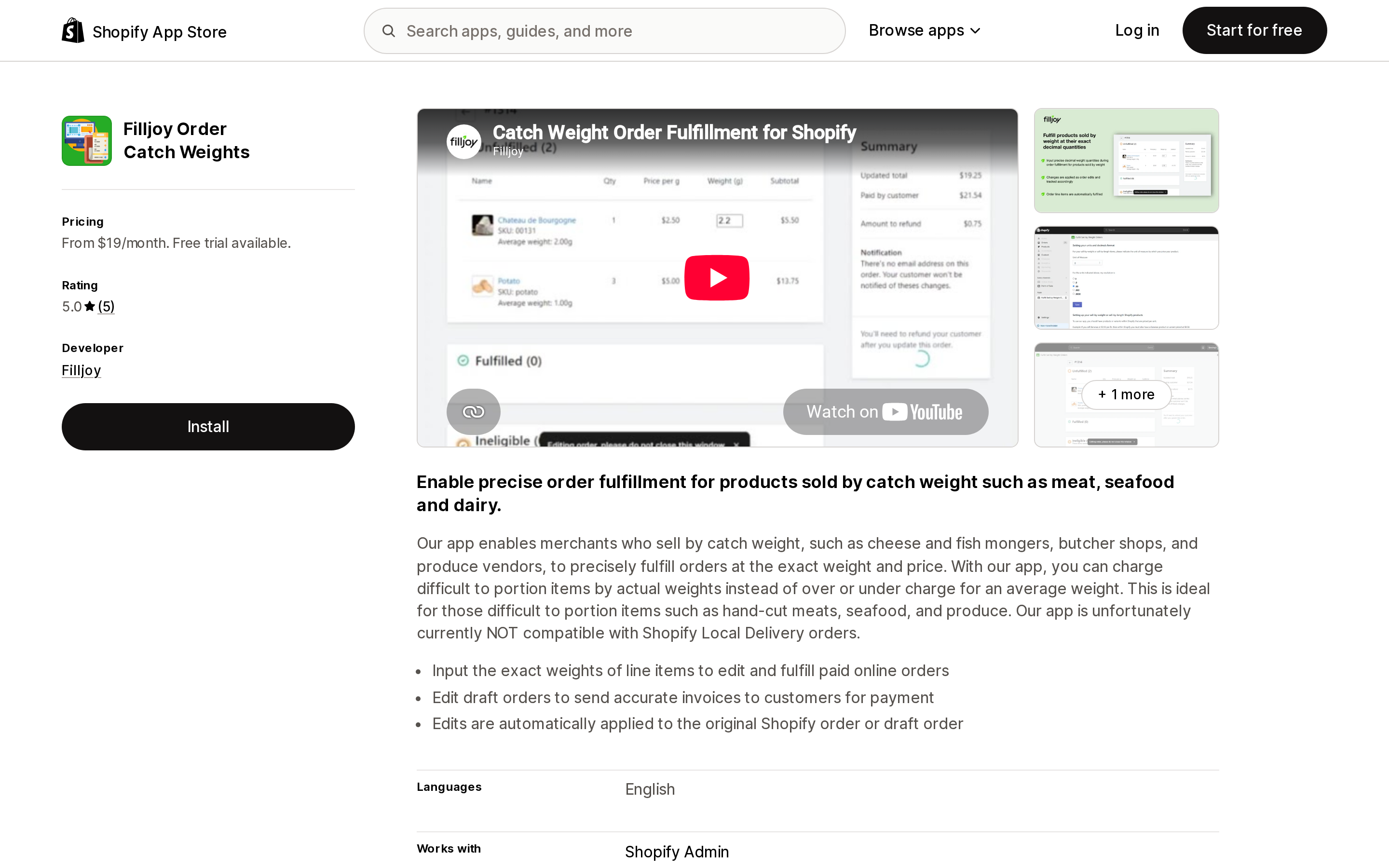 Top of the Shopify App Store listing page for Filljoy Order Catch Weights