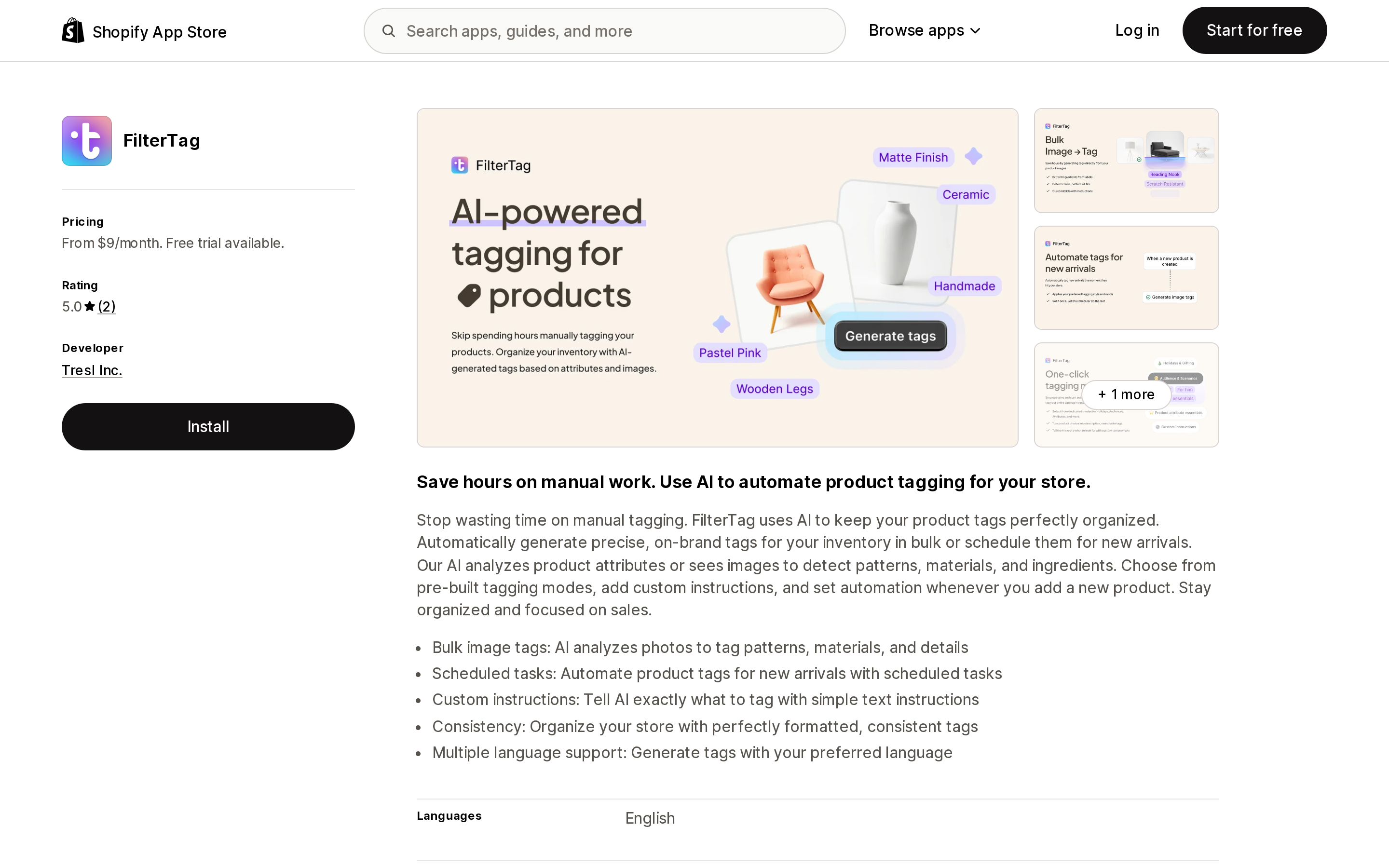 Top of the Shopify App Store listing page for FilterTag by Tresl, an AI product tagging app