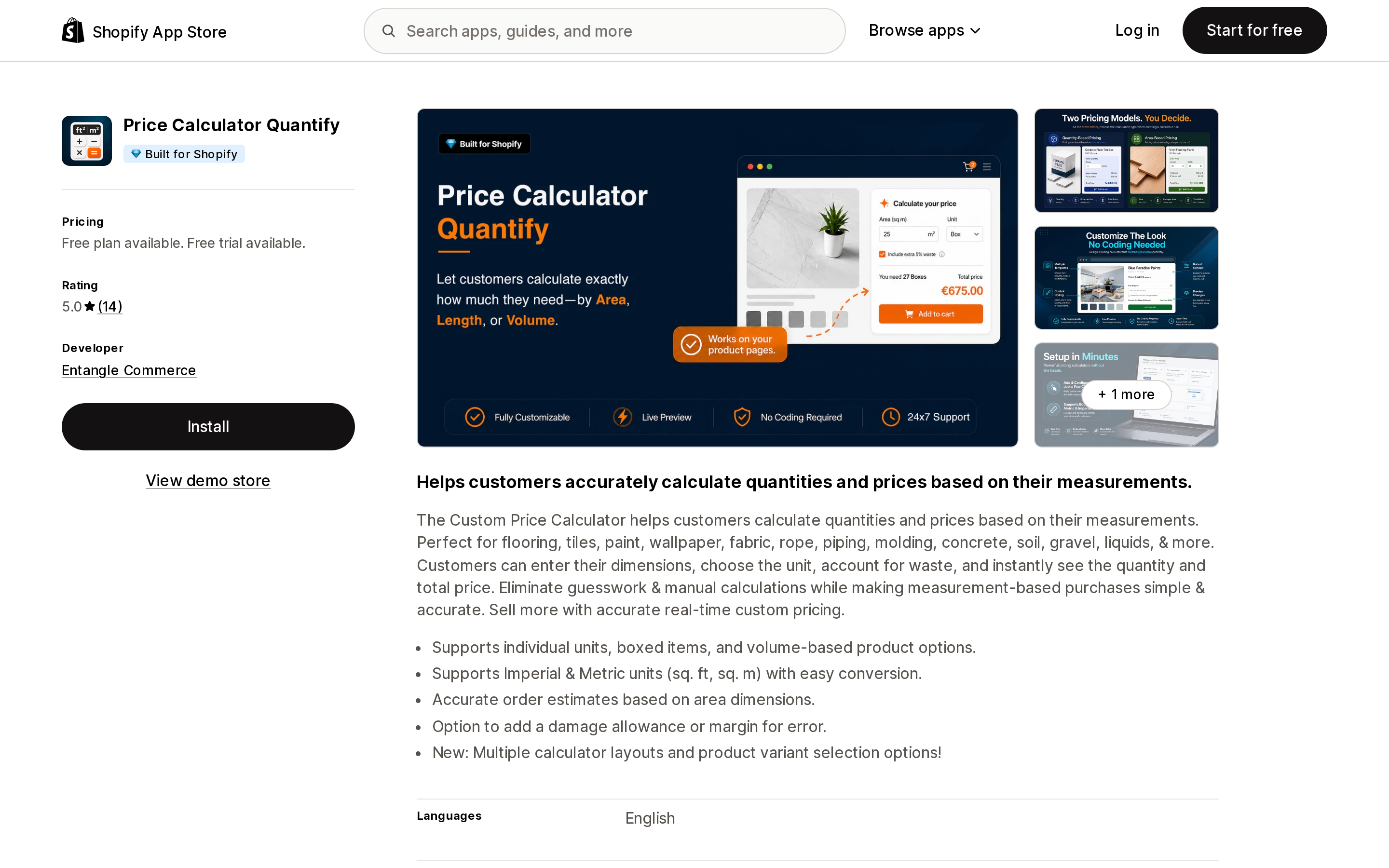 Top of the Shopify App Store listing page for Price Calculator Quantify