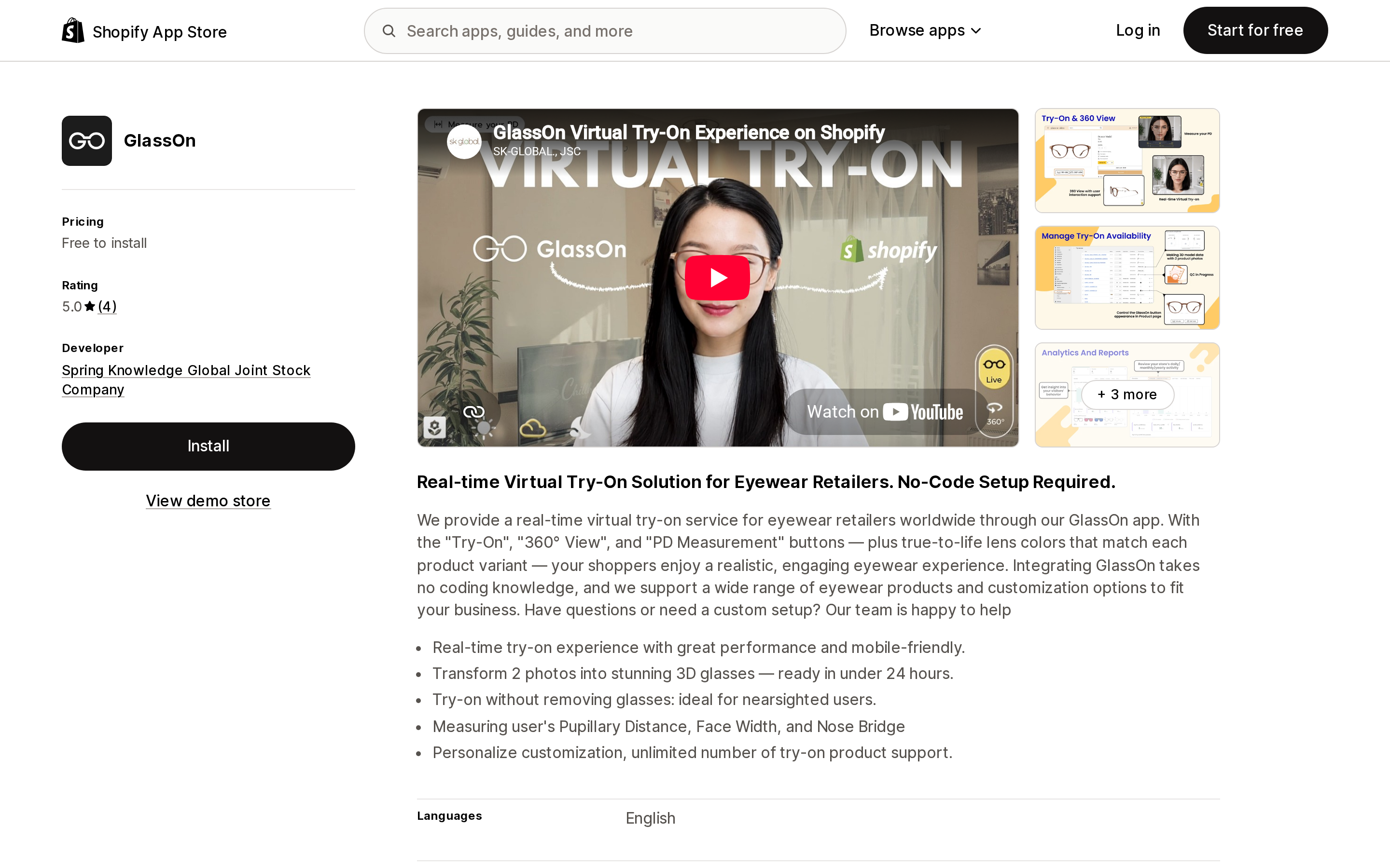 Top of the Shopify App Store listing page for GlassOn