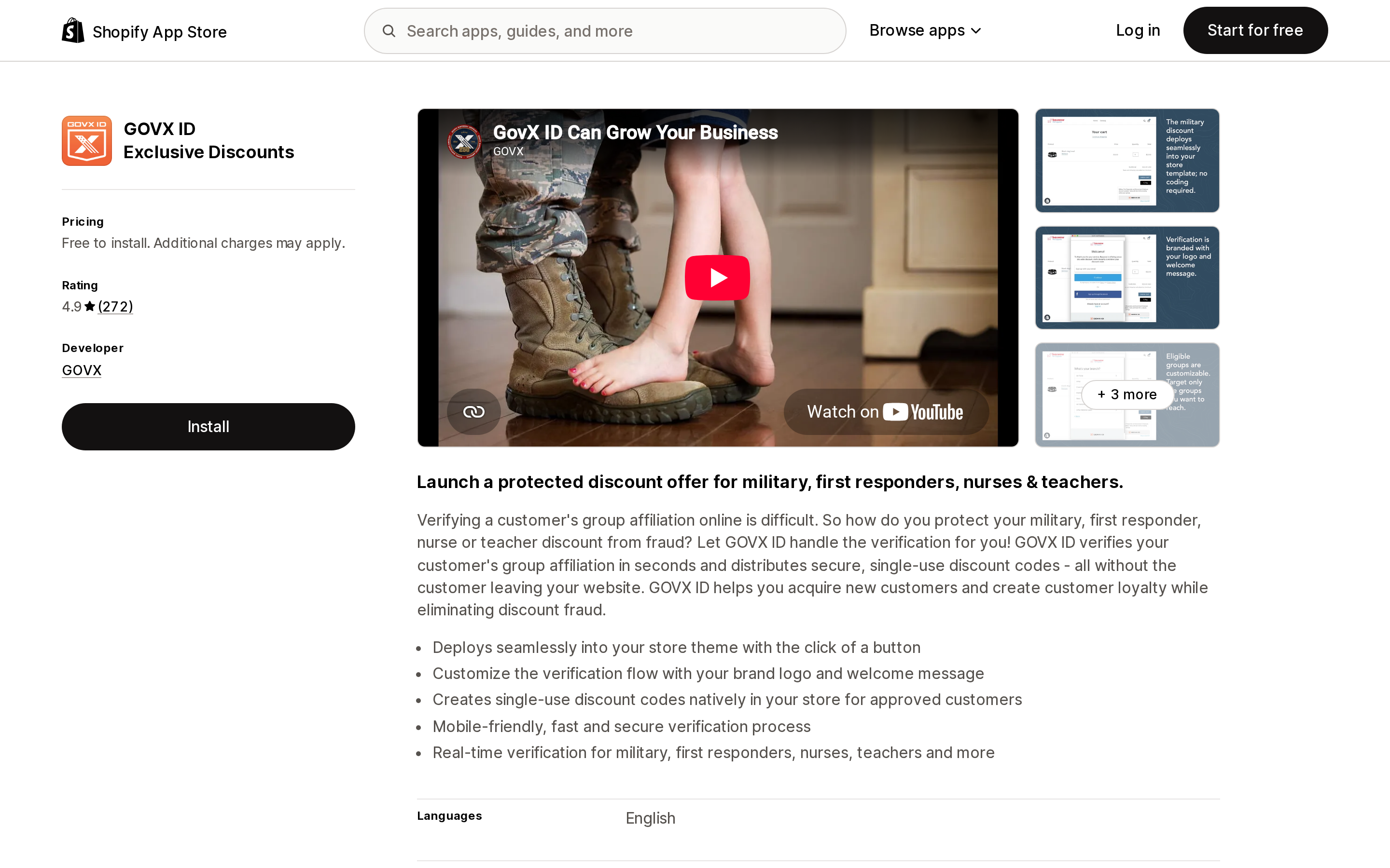 Top of the Shopify App Store listing page for GOVX ID Exclusive Discounts