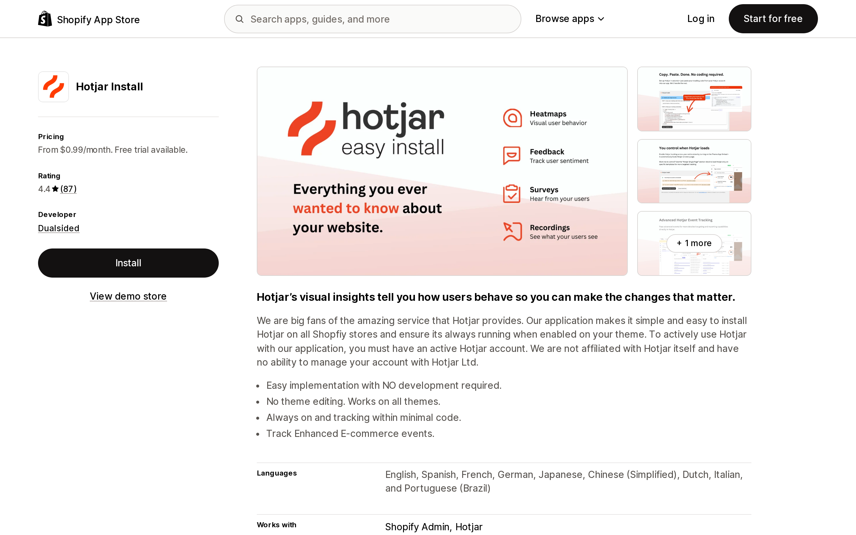 Top of the Shopify App Store listing page for Hotjar Install