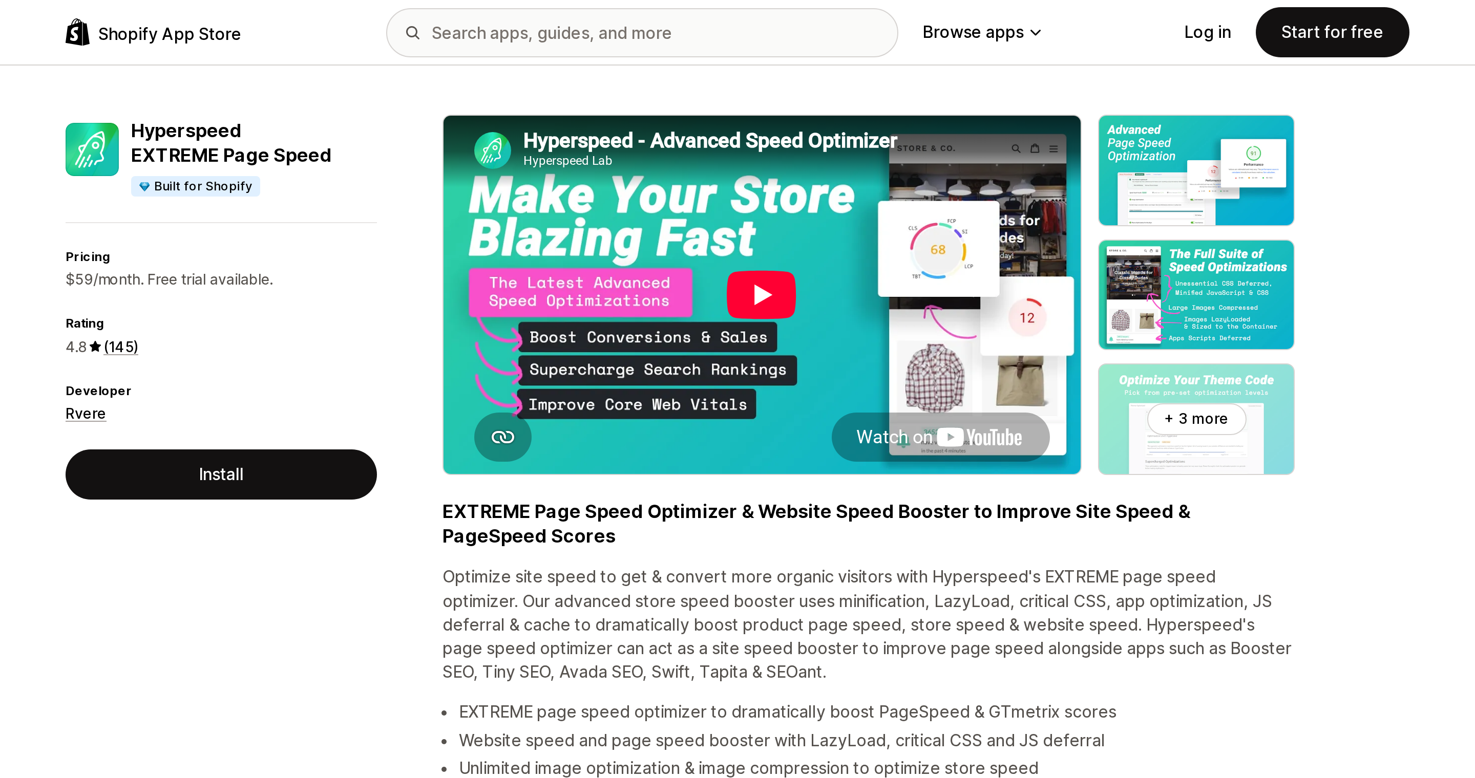 Top of the Shopify App Store listing page for Hyperspeed EXTREME Page Speed