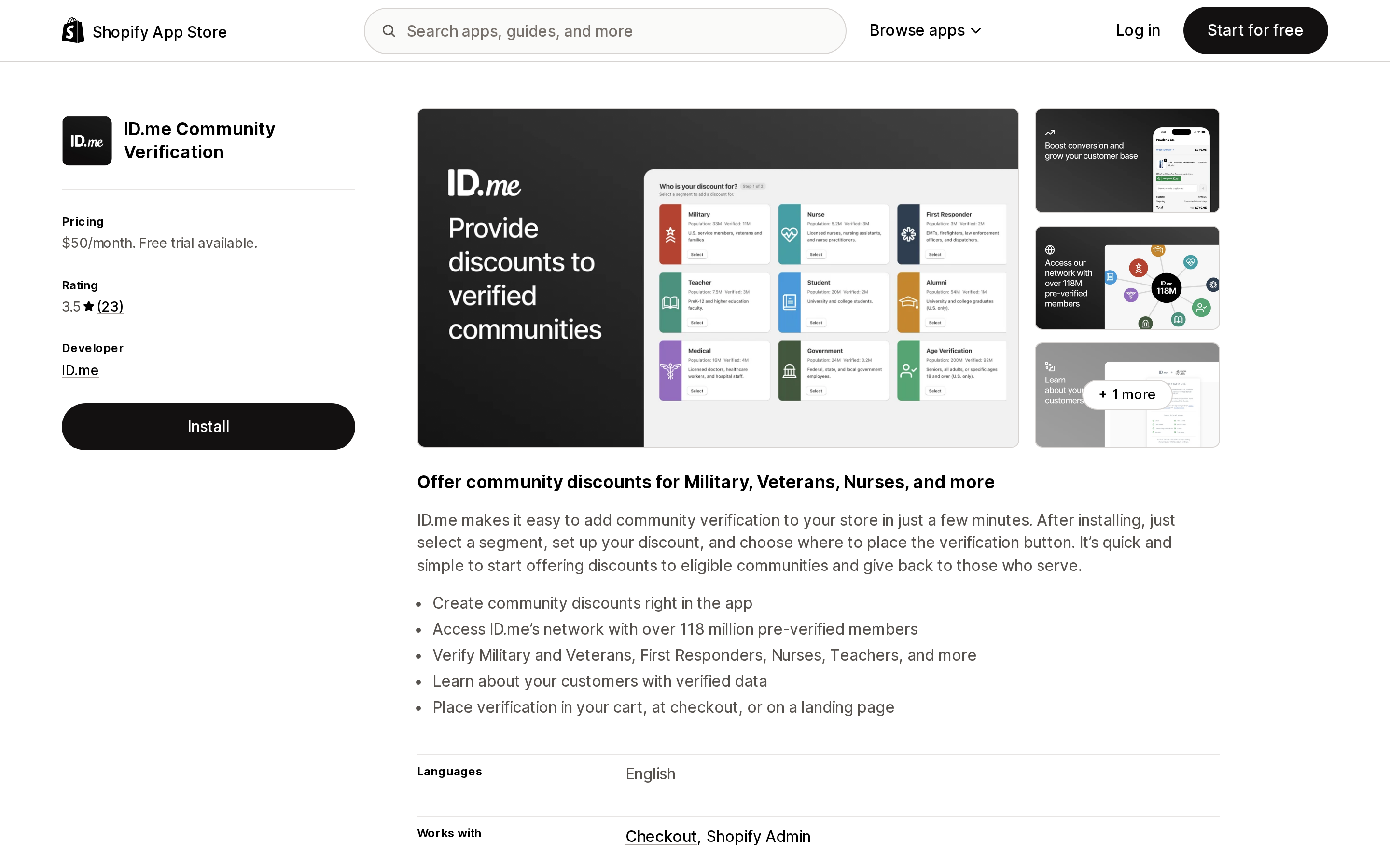 Top of the Shopify App Store listing page for ID.me Community Verification