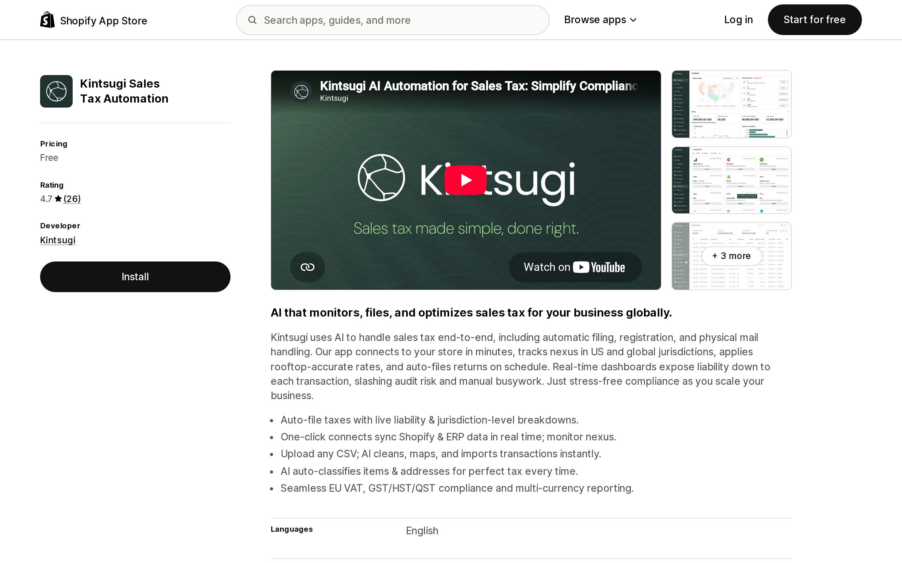 Top of the Shopify App Store listing page for Kintsugi Sales Tax Automation