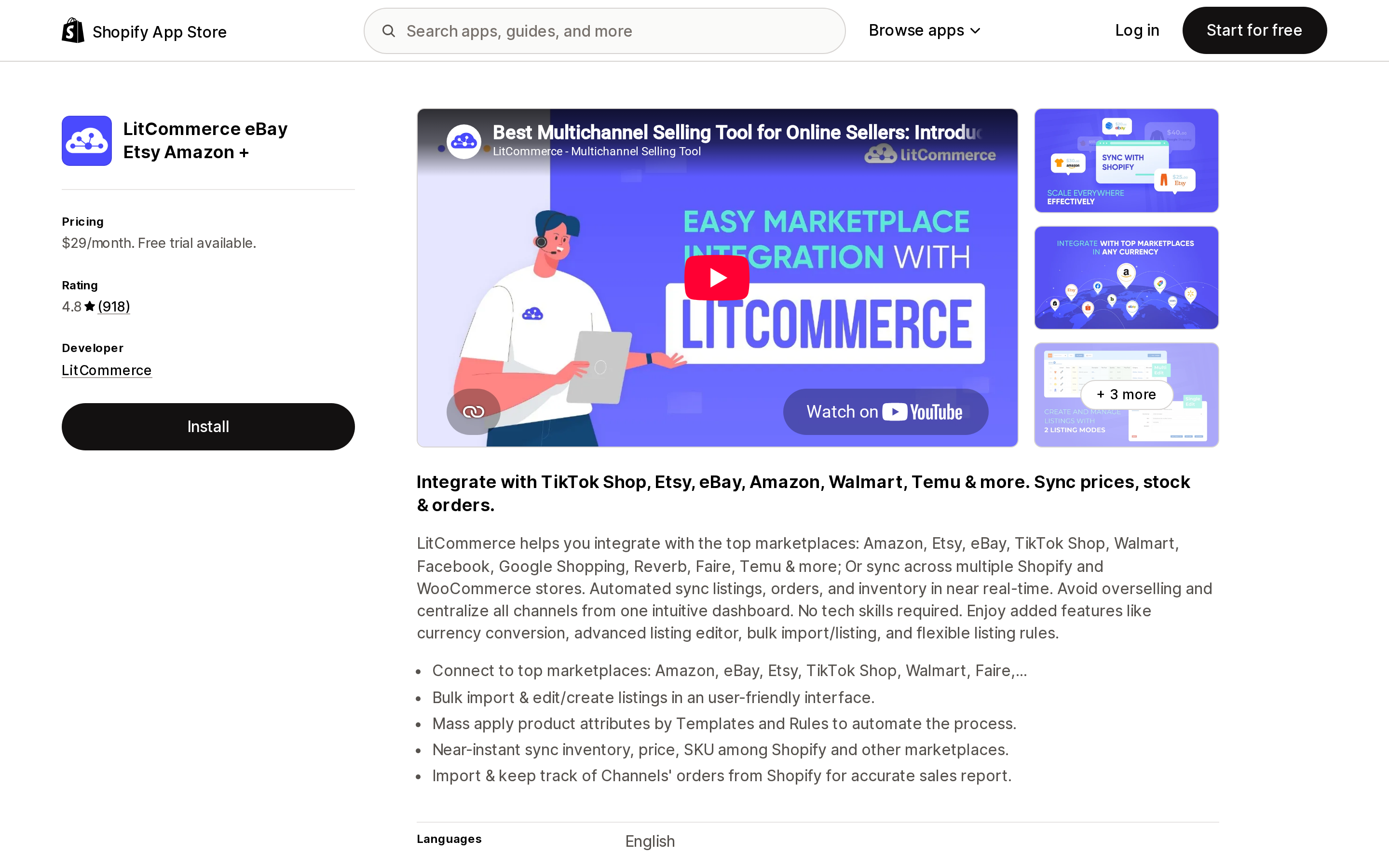 Top of the Shopify App Store listing page for LitCommerce eBay Etsy Amazon +, showing the $29 per month price and 4.8 rating