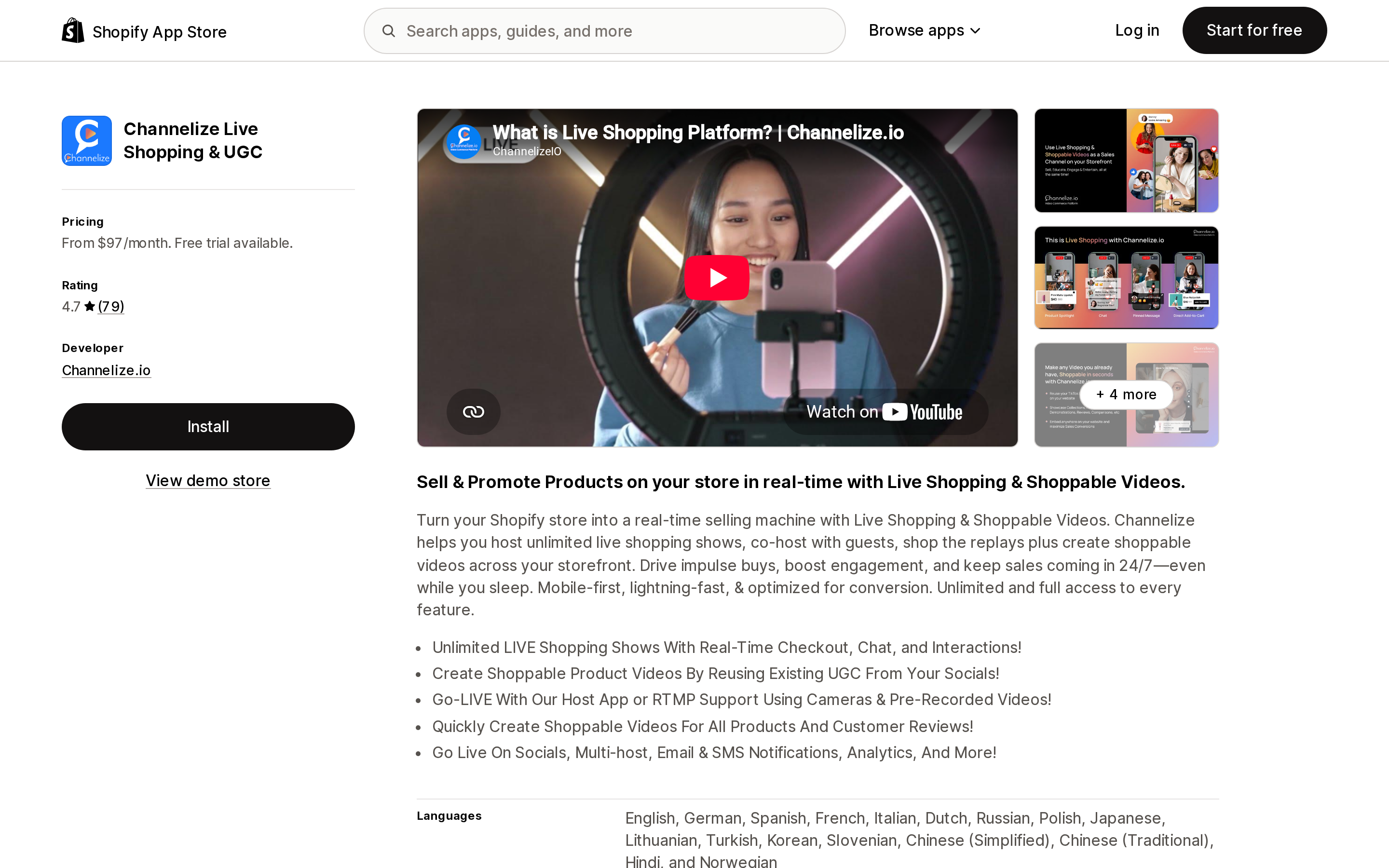 Top of the Shopify App Store listing page for Channelize Live Shopping & UGC