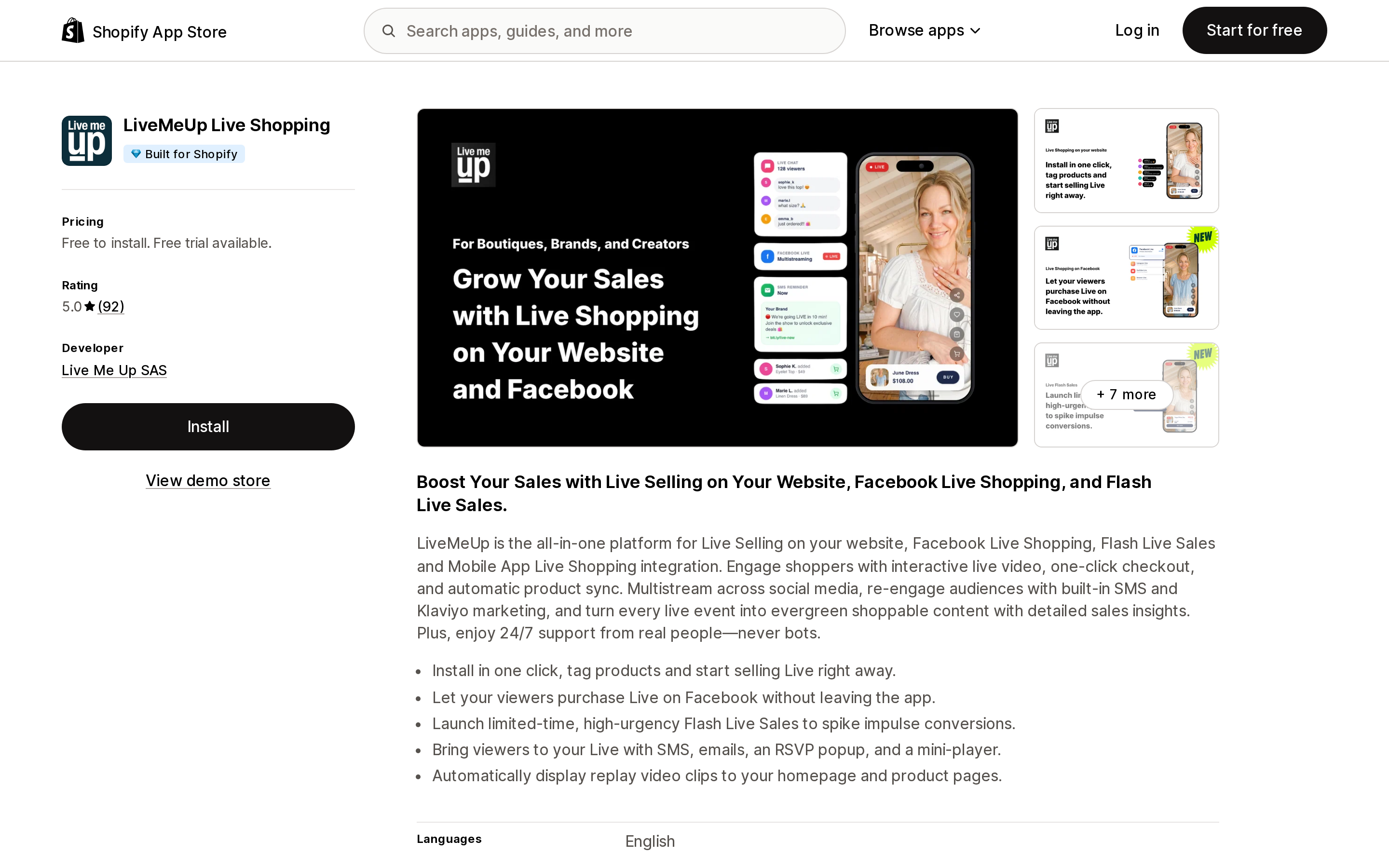 Top of the Shopify App Store listing page for LiveMeUp Live Shopping