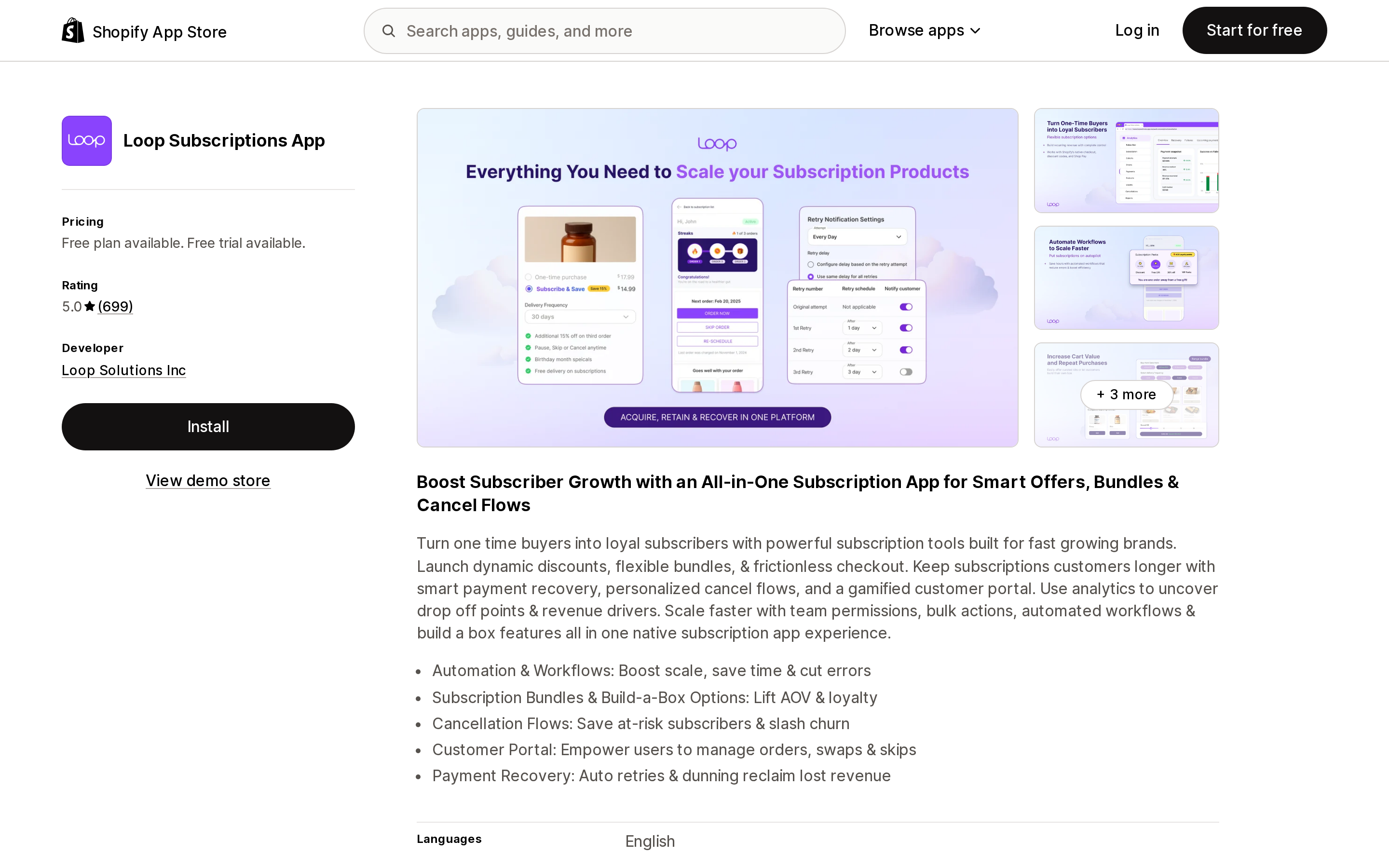 Top of the Shopify App Store listing page for Loop Subscriptions App, showing a free plan and a 5.0 rating