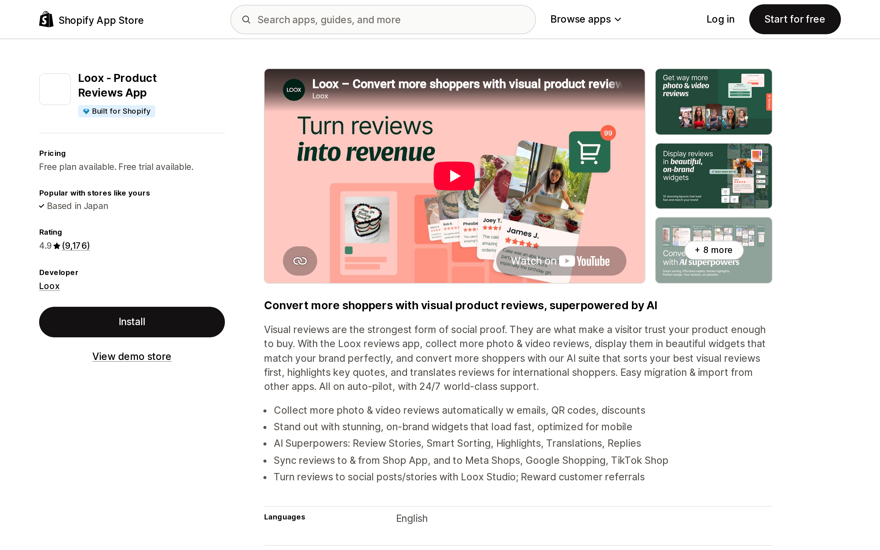Top of the Shopify App Store listing page for Loox ‑ Product Reviews App