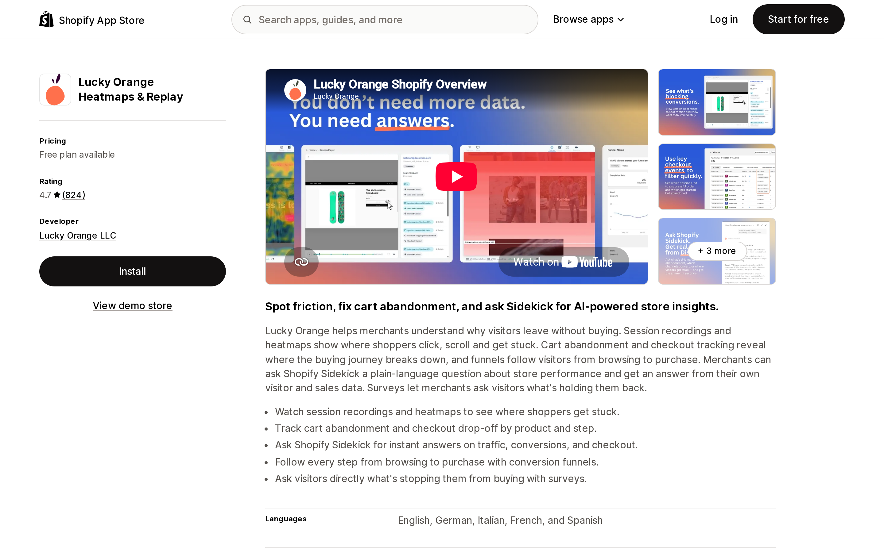 Top of the Shopify App Store listing page for Lucky Orange Heatmaps & Replay