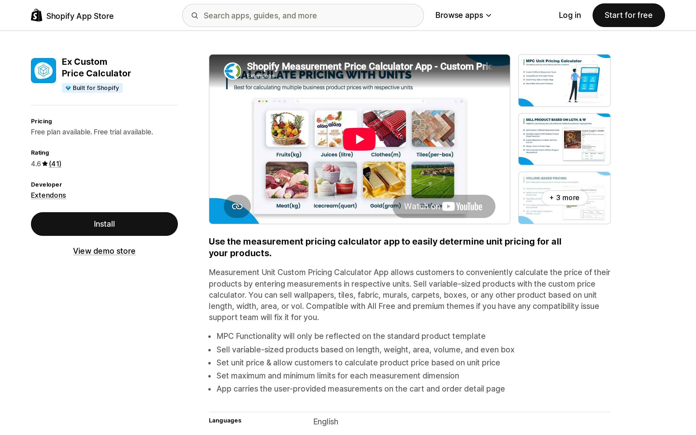 Top of the Shopify App Store listing page for Ex Custom Price Calculator