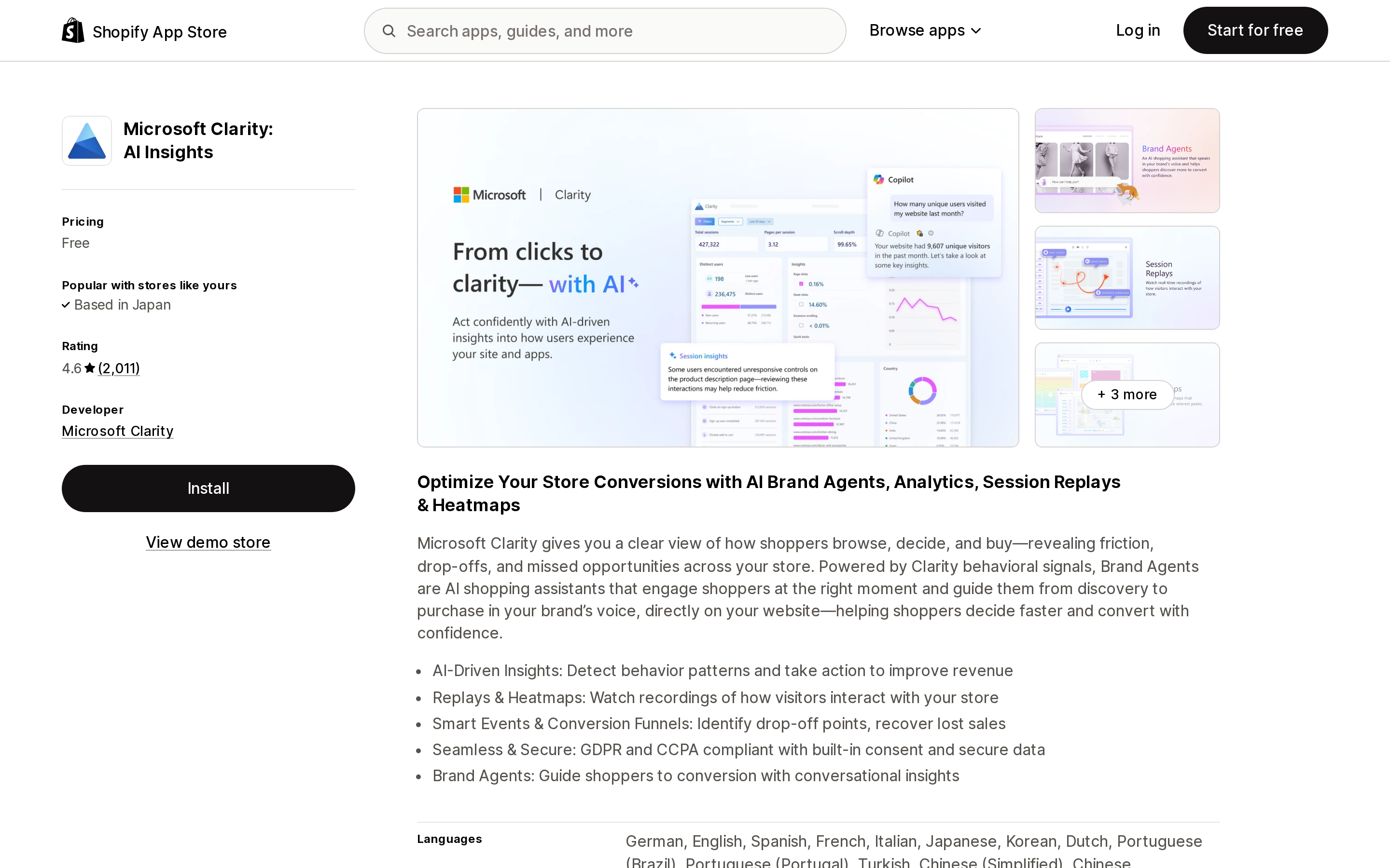 Top of the Shopify App Store listing page for Microsoft Clarity: AI Insights