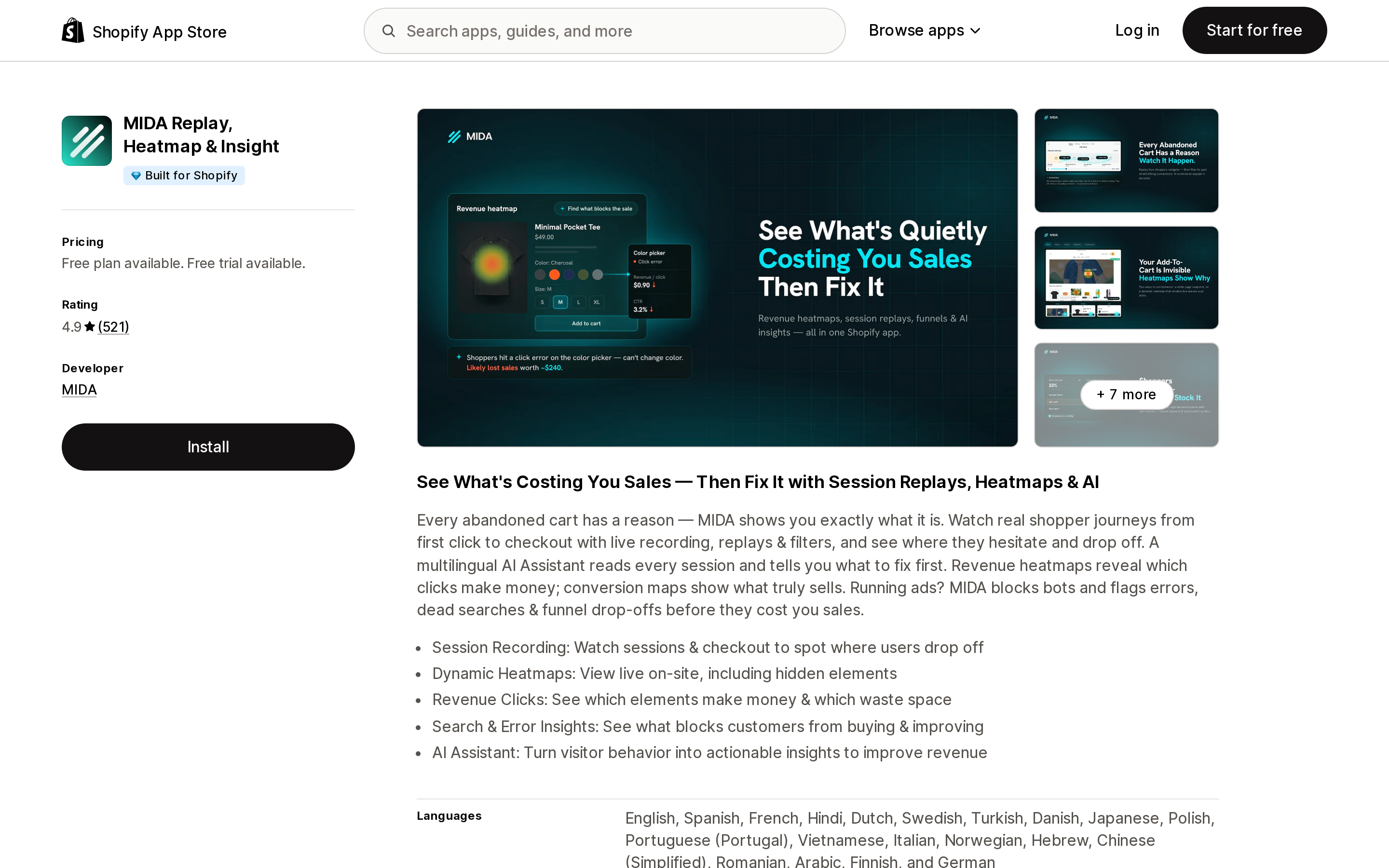 Top of the Shopify App Store listing page for MIDA Replay, Heatmap & Insight