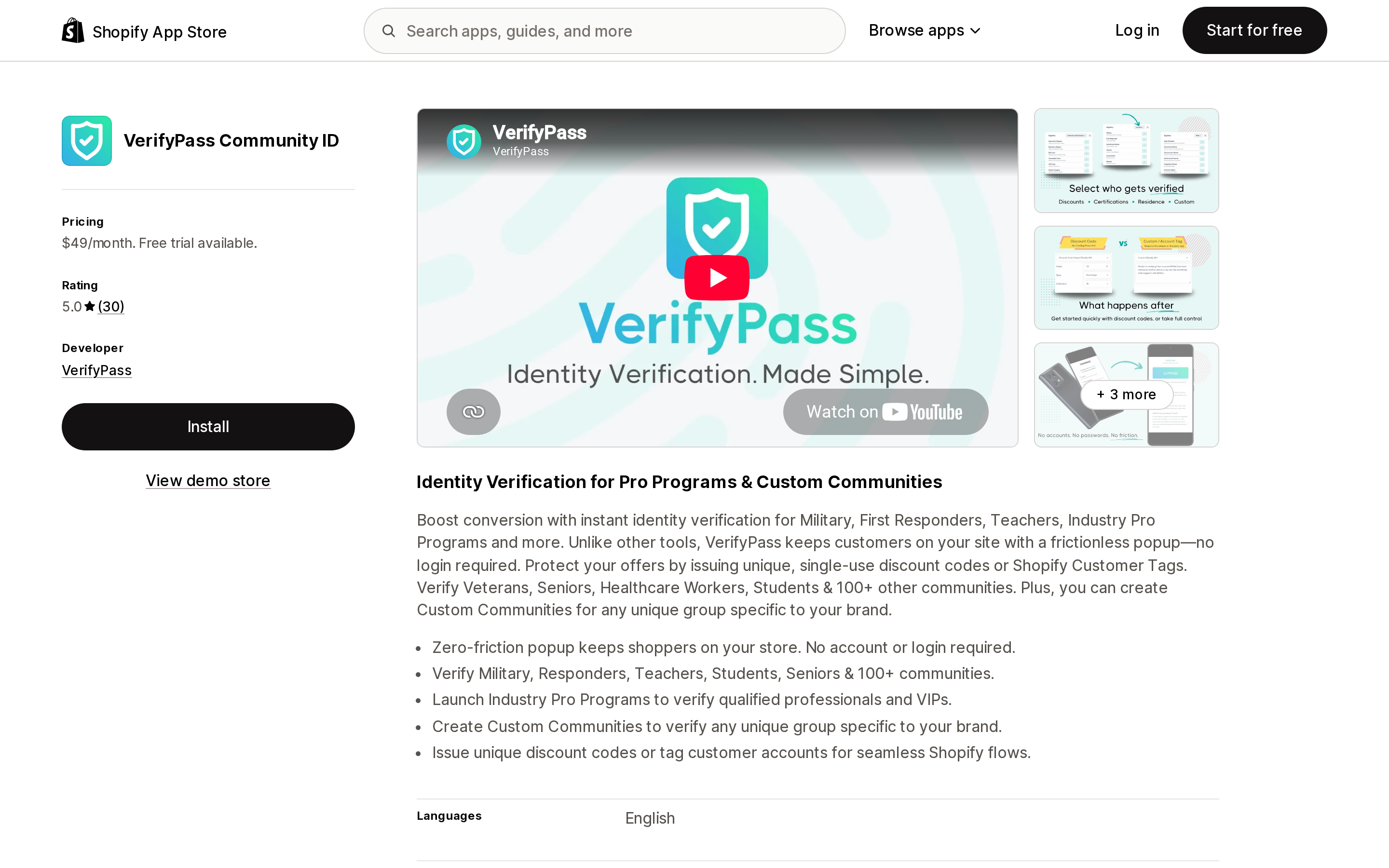 Top of the Shopify App Store listing page for VerifyPass Community ID
