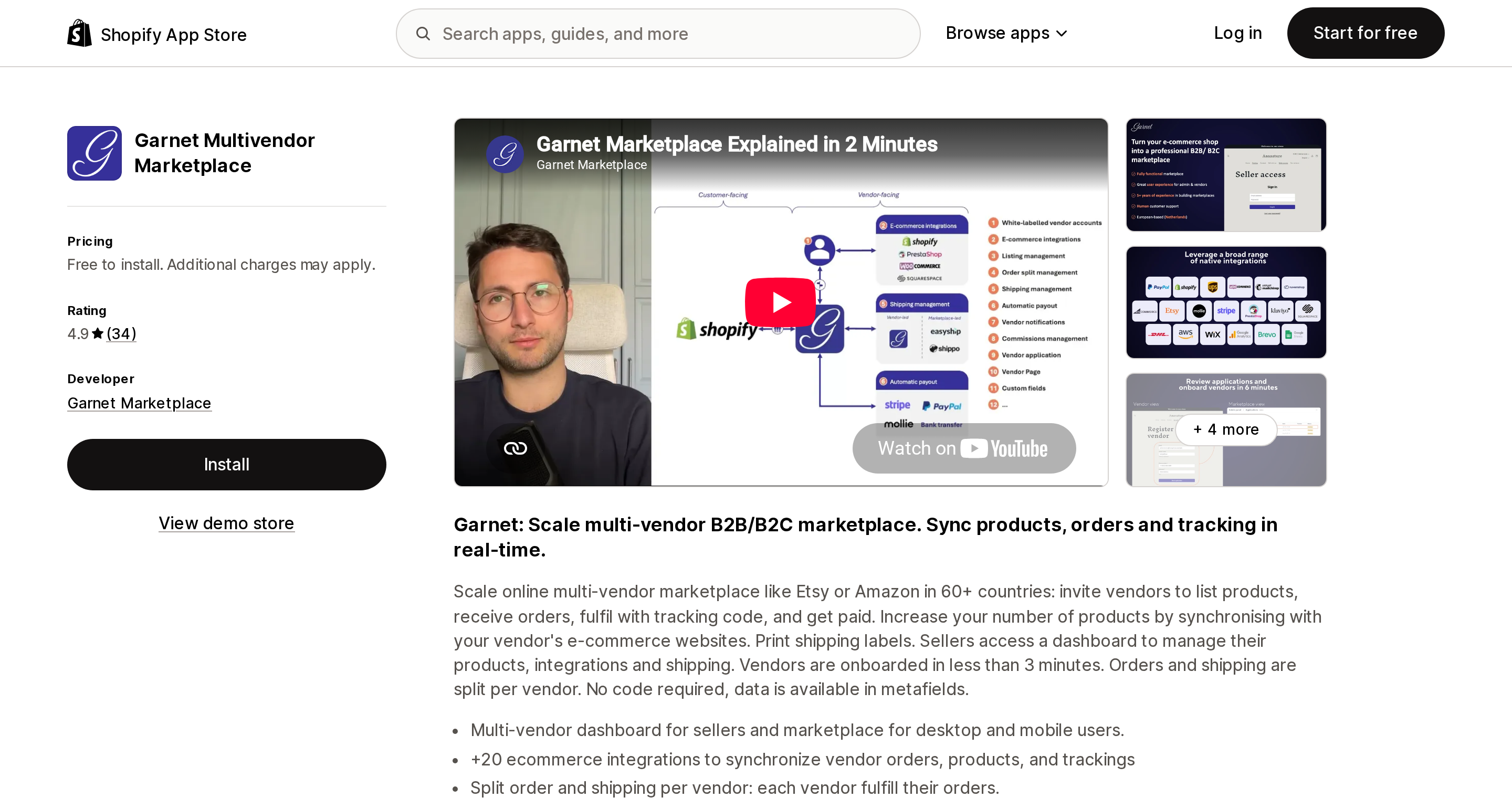 Top of the Shopify App Store listing page for Garnet Multivendor Marketplace