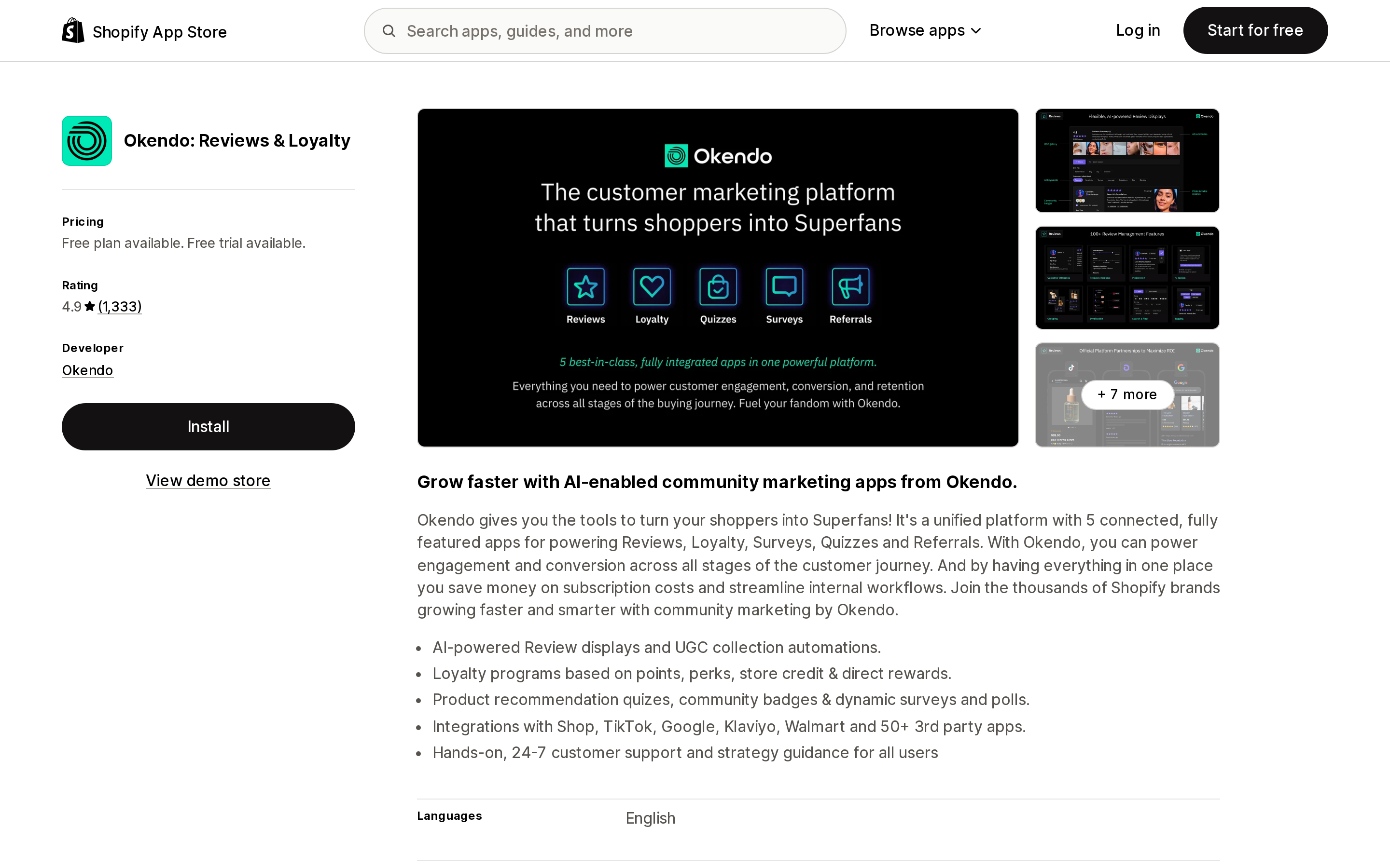 Top of the Shopify App Store listing page for Okendo: Reviews & Loyalty