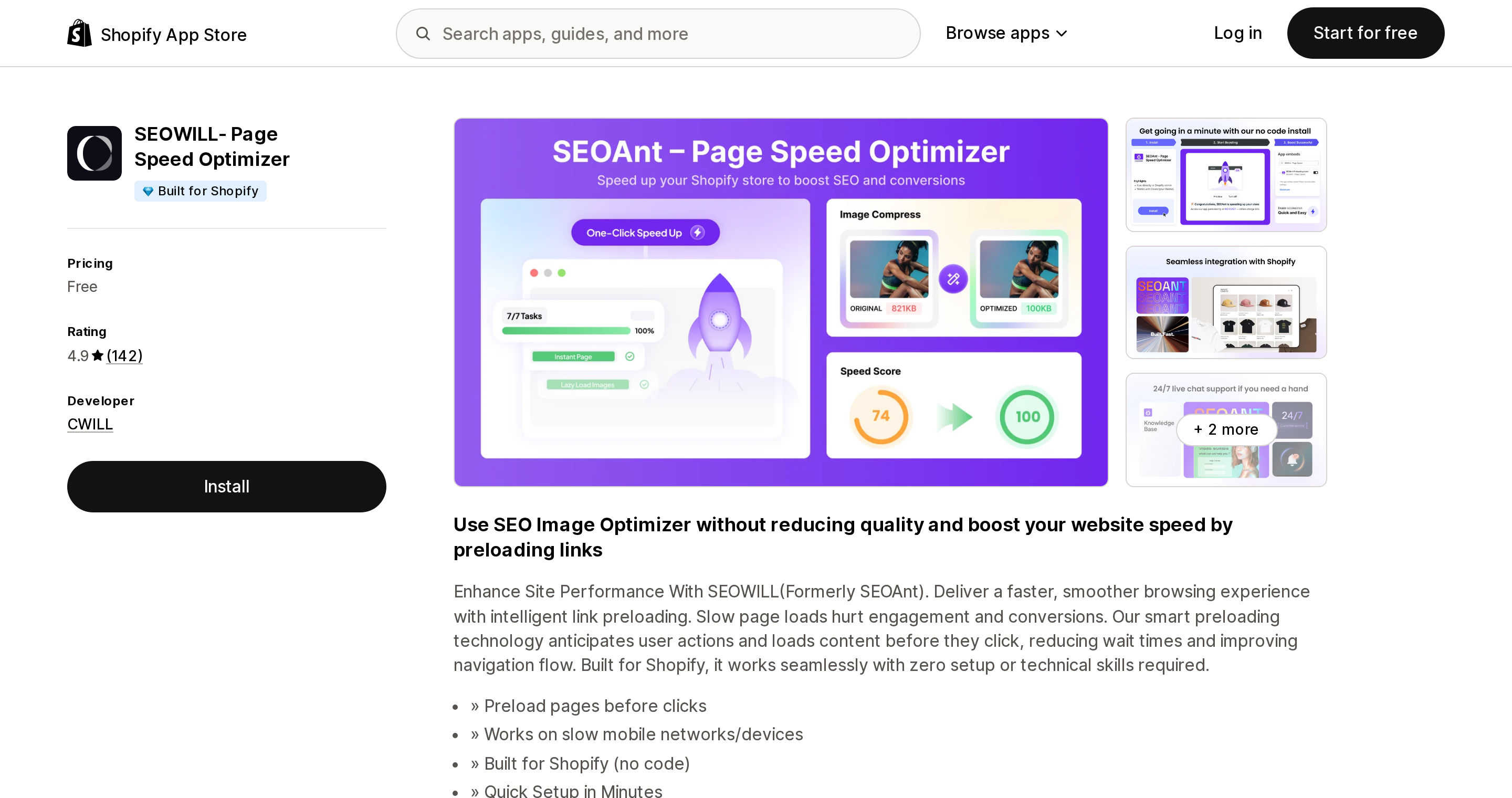 Top of the Shopify App Store listing page for SEOWILL‑ Page Speed Optimizer