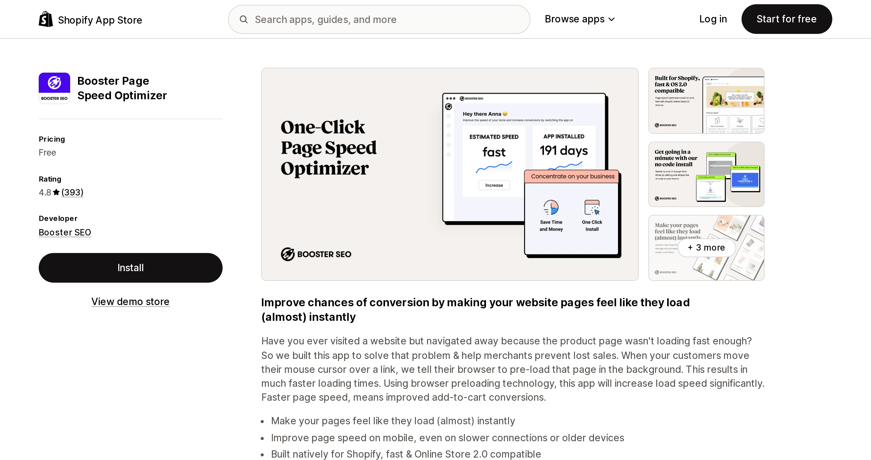 Top of the Shopify App Store listing page for Booster Page Speed Optimizer