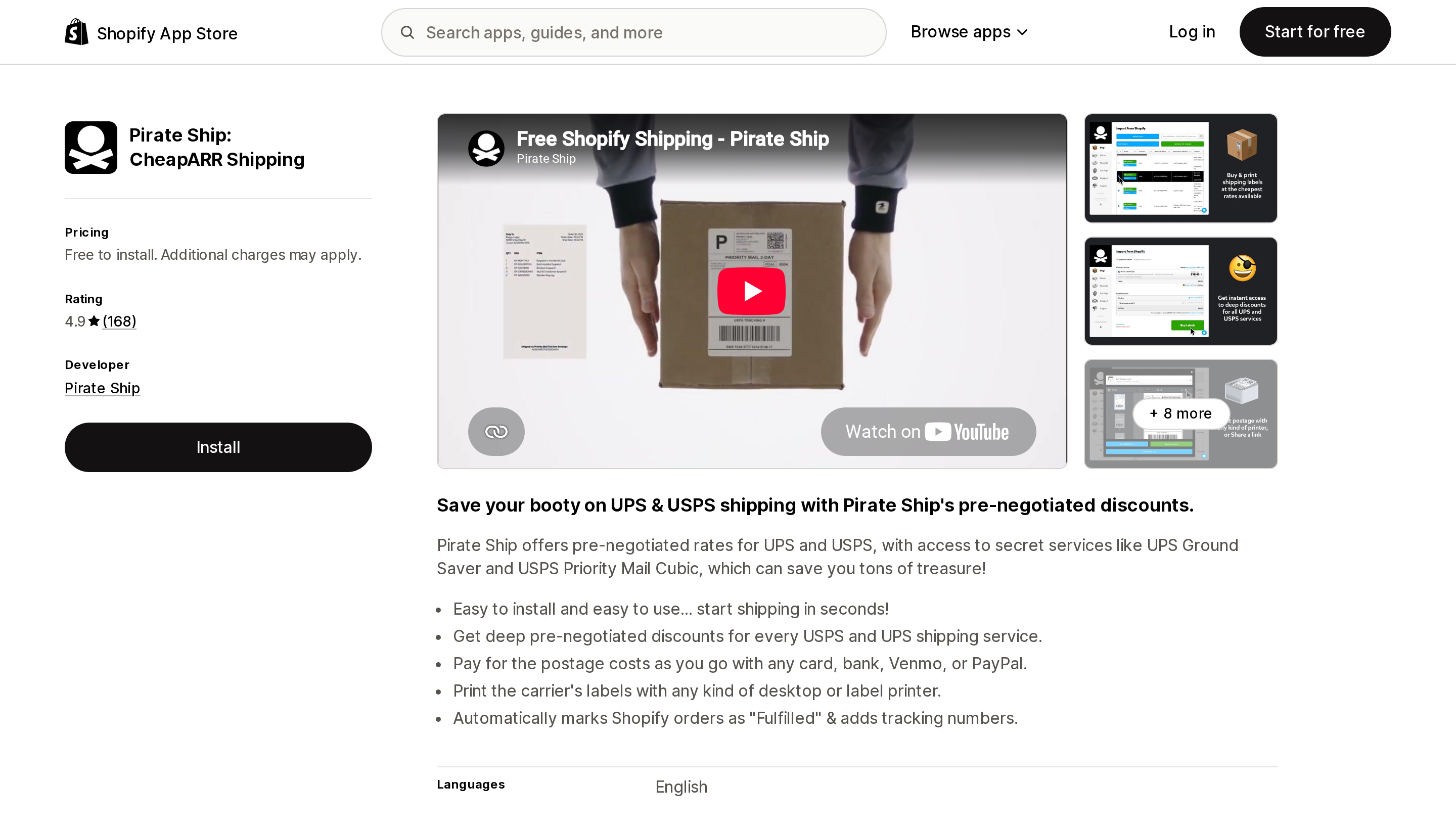 Top of the Shopify App Store listing page for Pirate Ship CheapARR Shipping