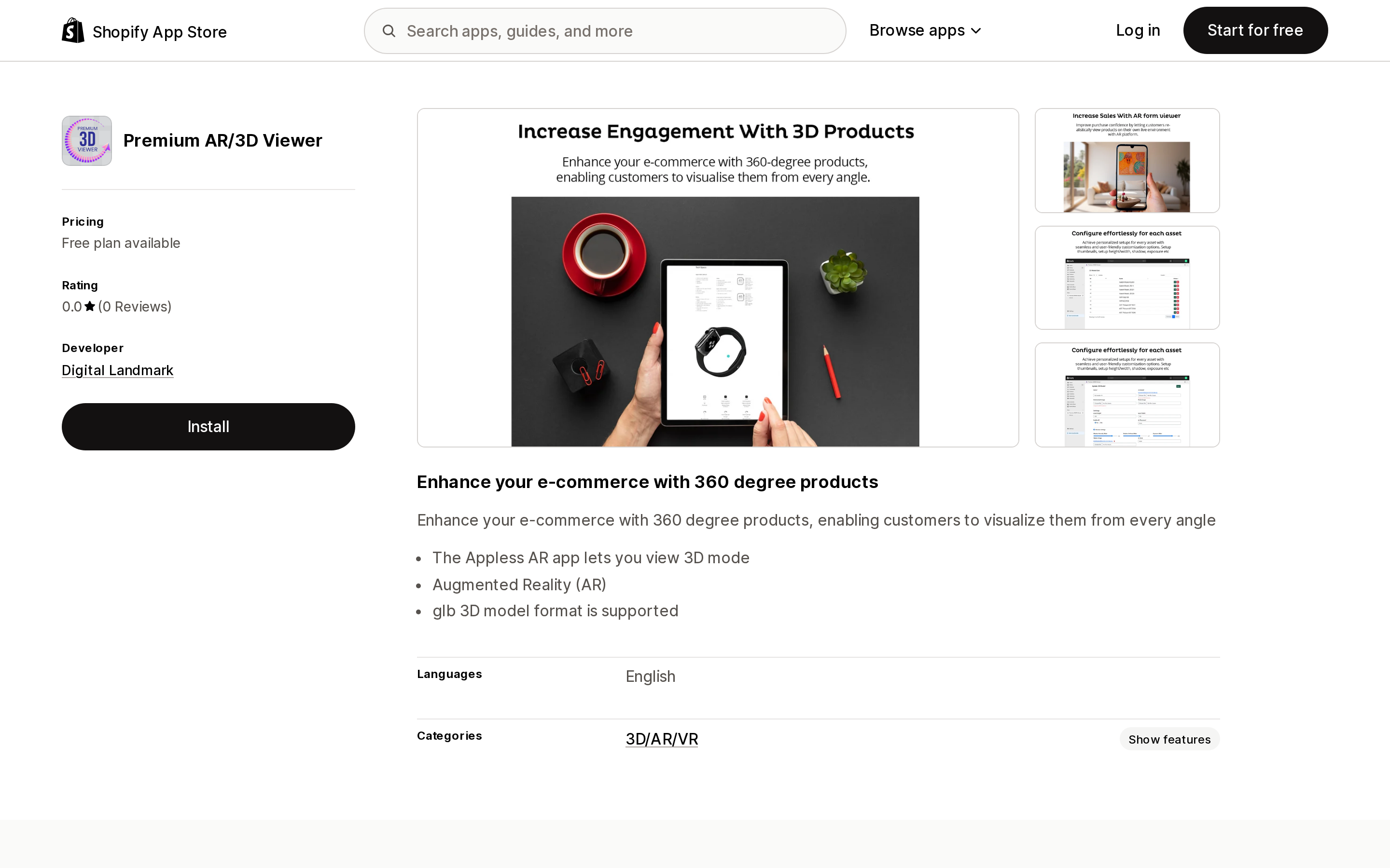 Top of the Shopify App Store listing page for Premium AR/3D Viewer