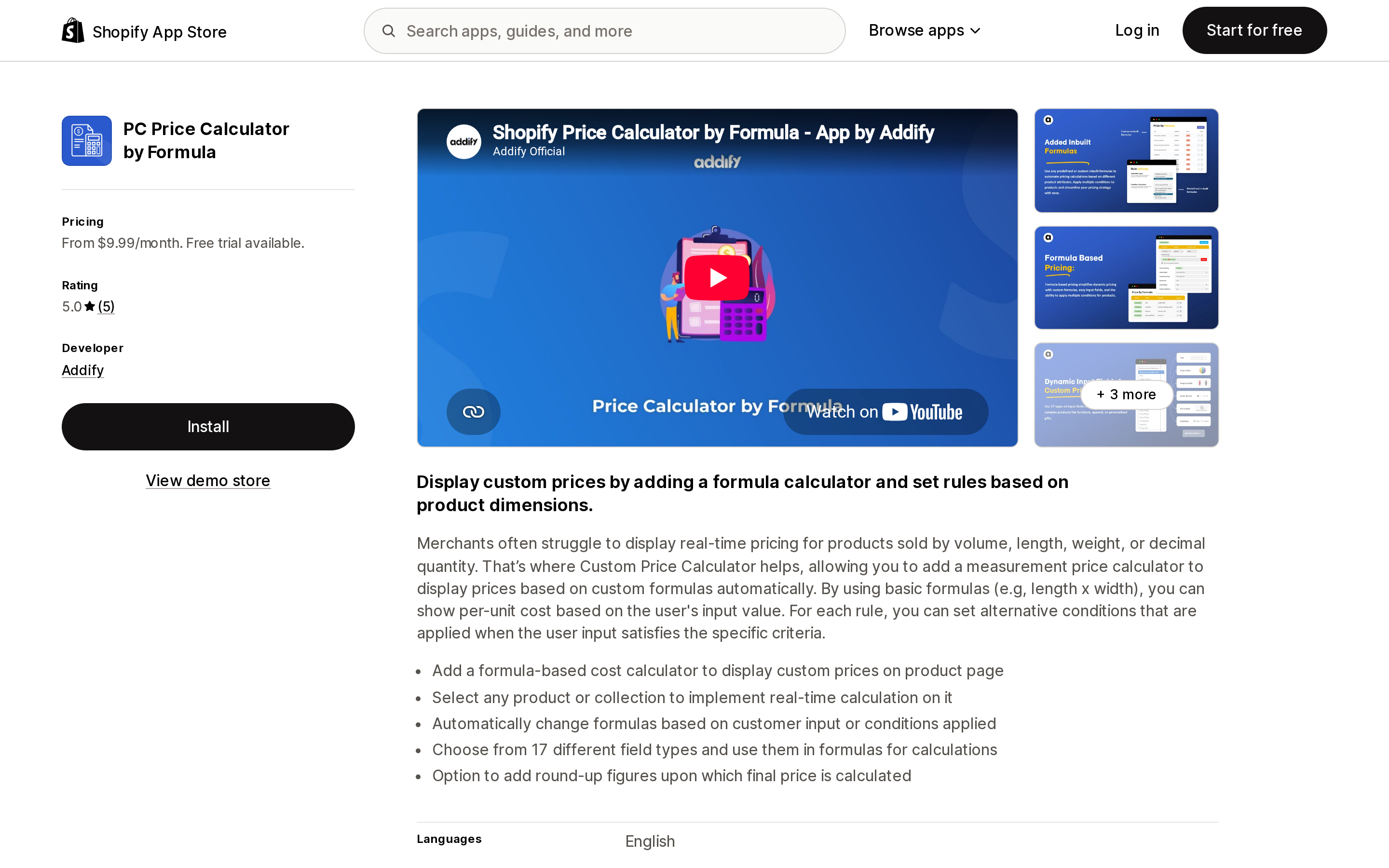 Top of the Shopify App Store listing page for PC Price Calculator by Formula