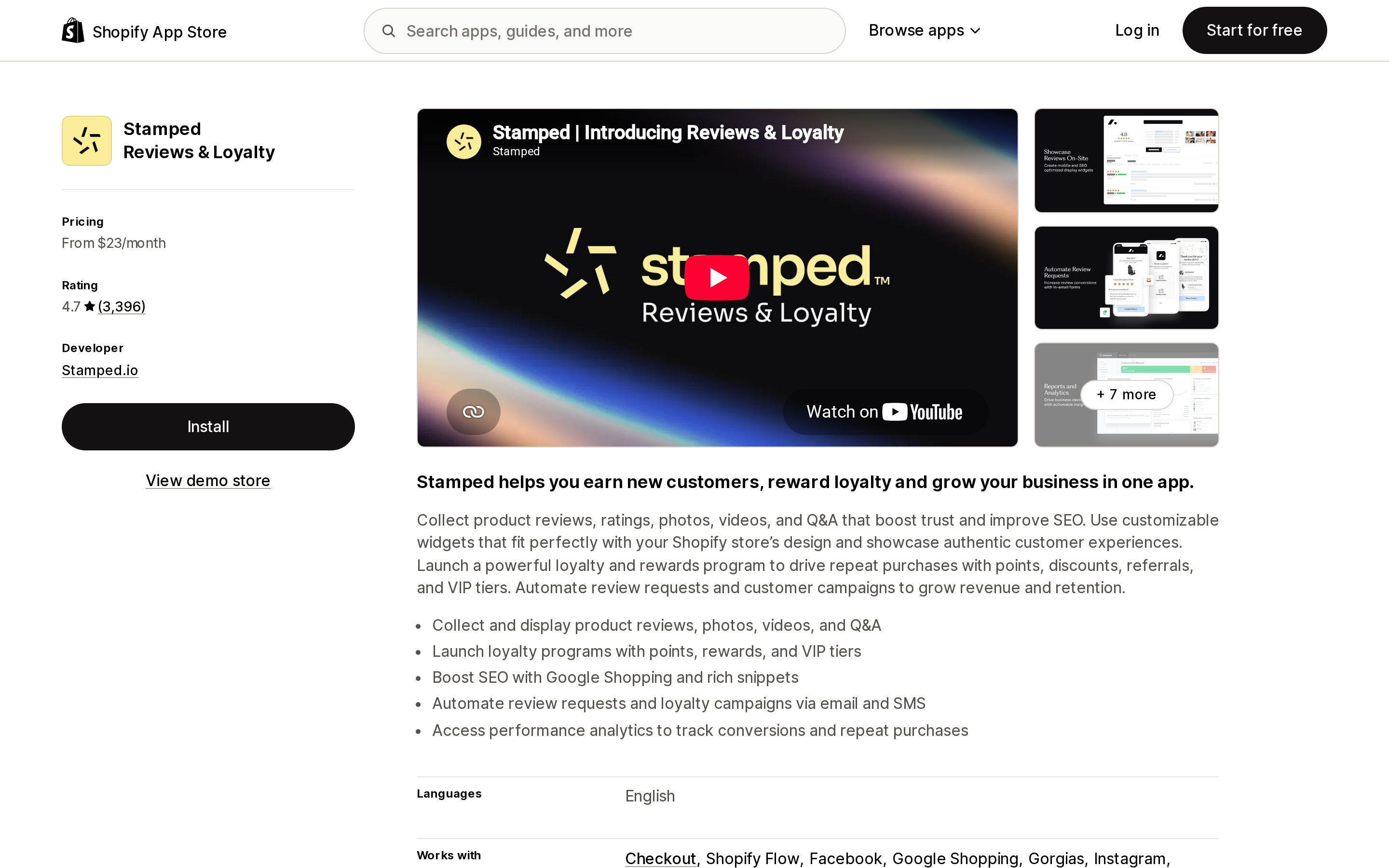 Top of the Shopify App Store listing page for Stamped Reviews & Loyalty