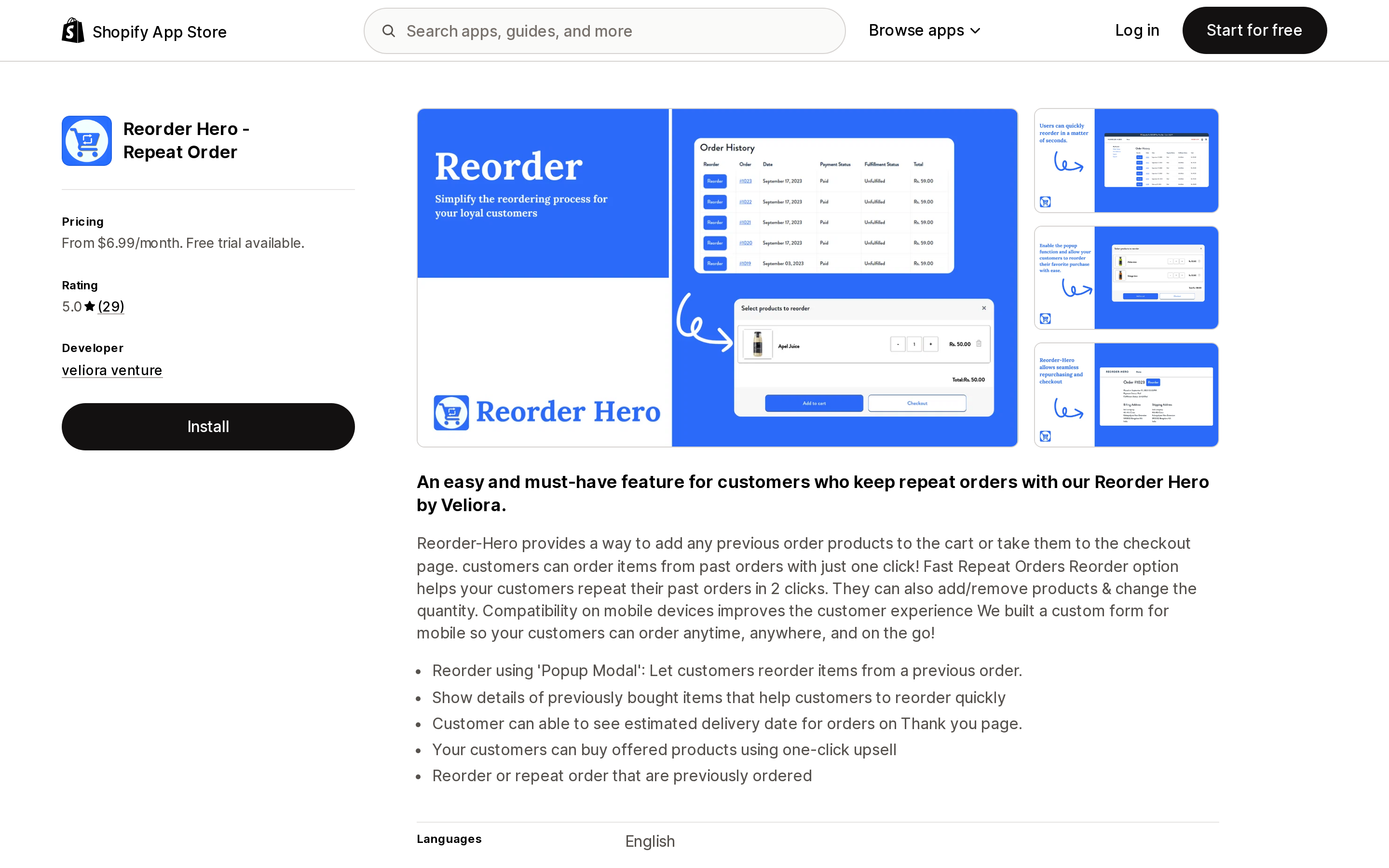Top of the Shopify App Store listing page for Reorder Hero ‑ Repeat Order