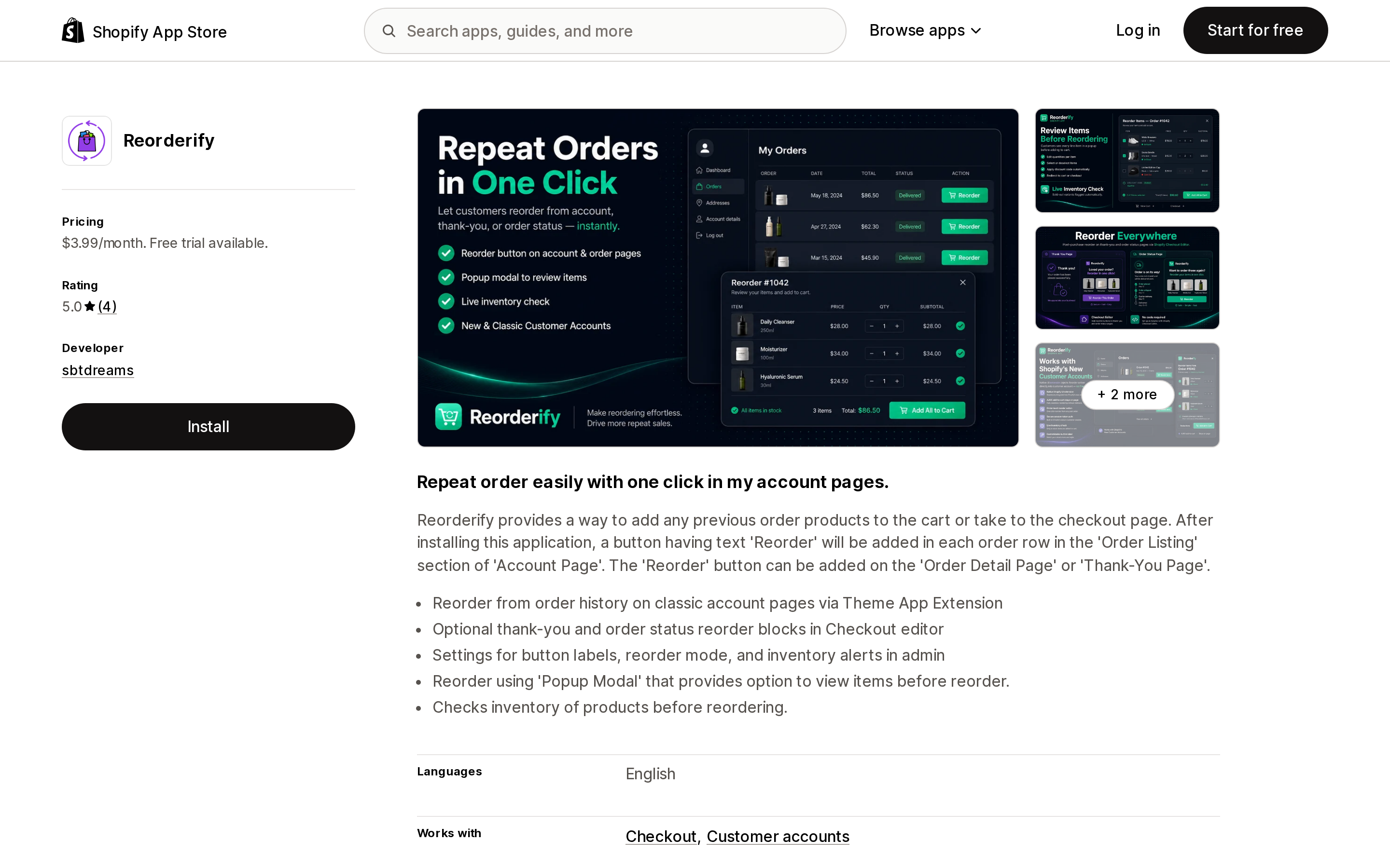 Top of the Shopify App Store listing page for Reorderify