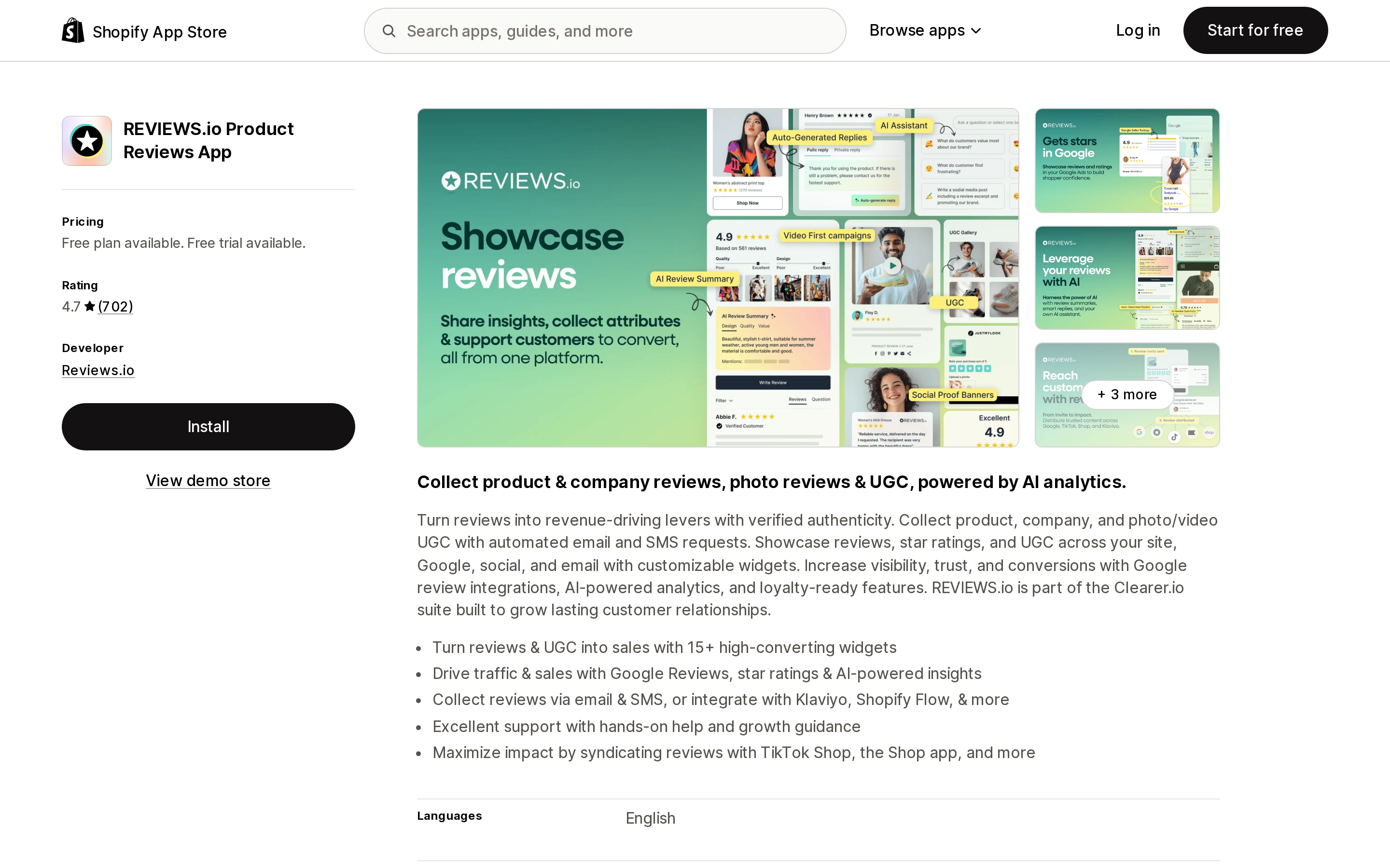 Top of the Shopify App Store listing page for REVIEWS.io Product Reviews App