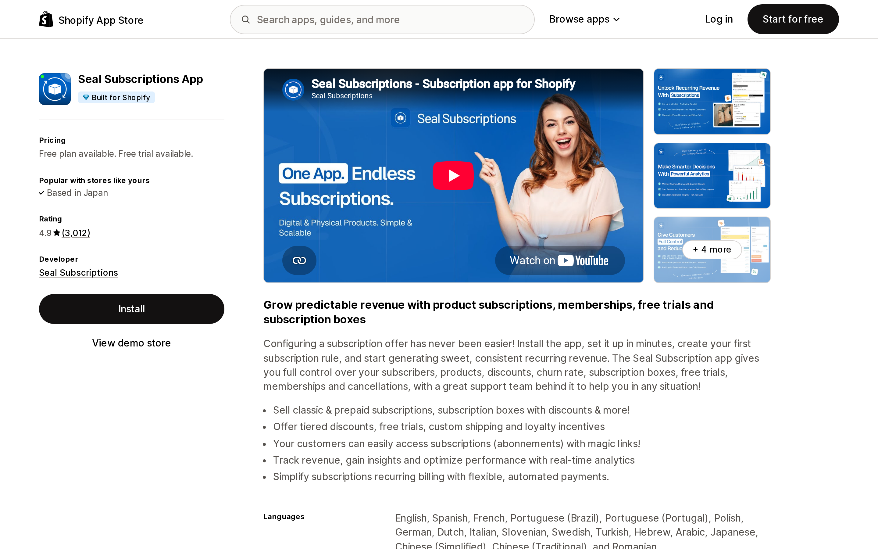 Top of the Shopify App Store listing page for Seal Subscriptions App, showing the Built for Shopify badge and a 4.9 rating