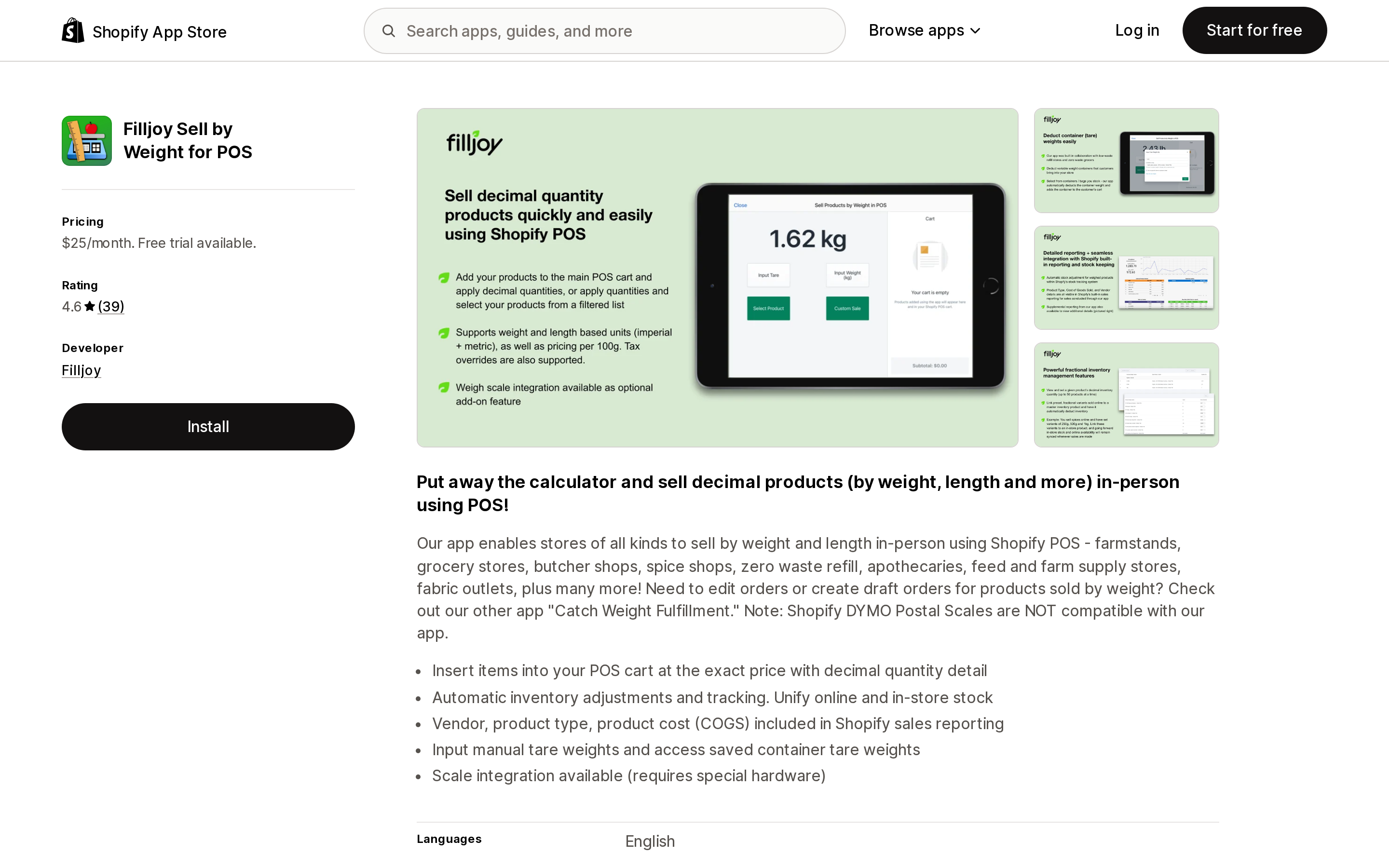 Top of the Shopify App Store listing page for Filljoy Sell by Weight for POS