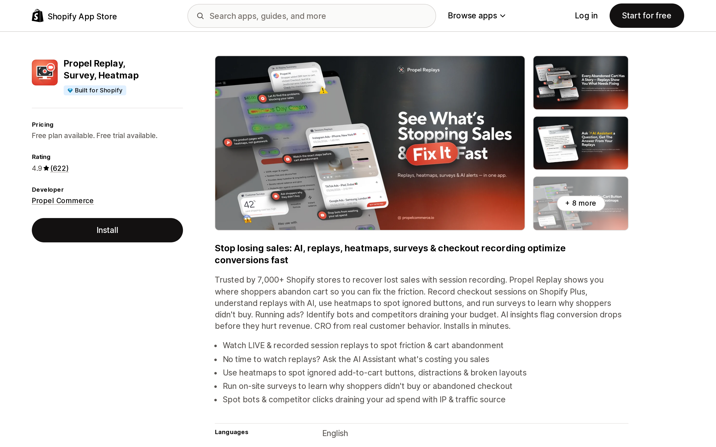 Top of the Shopify App Store listing page for Propel Replay, Survey, Heatmap