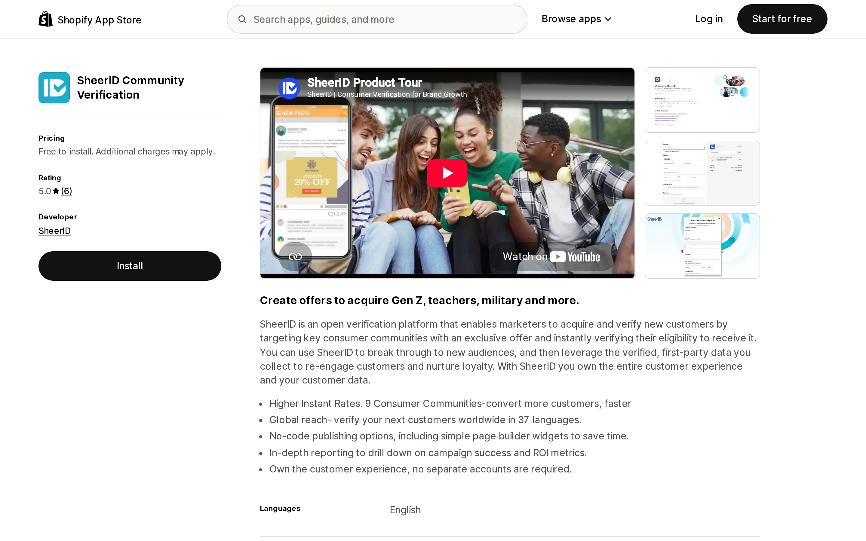 Top of the Shopify App Store listing page for SheerID Community Verification