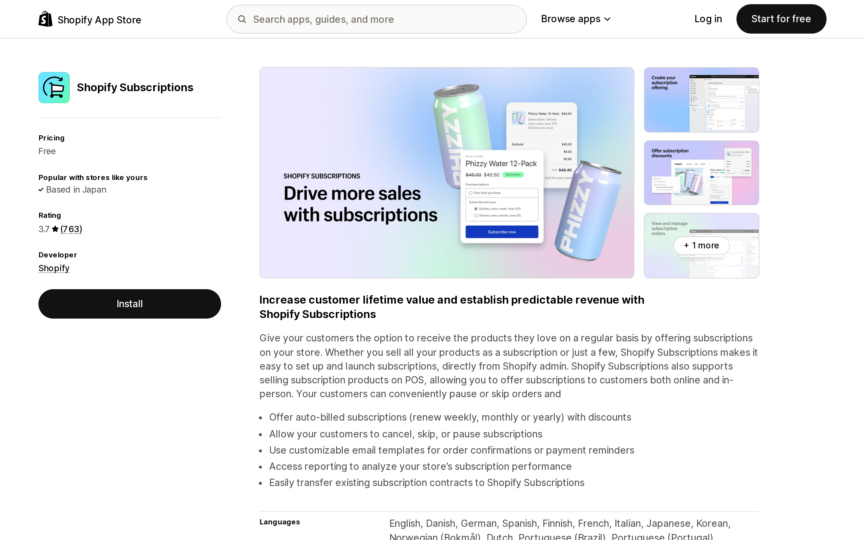 Top of the Shopify App Store listing page for Shopify Subscriptions, showing free pricing and a 3.7 rating