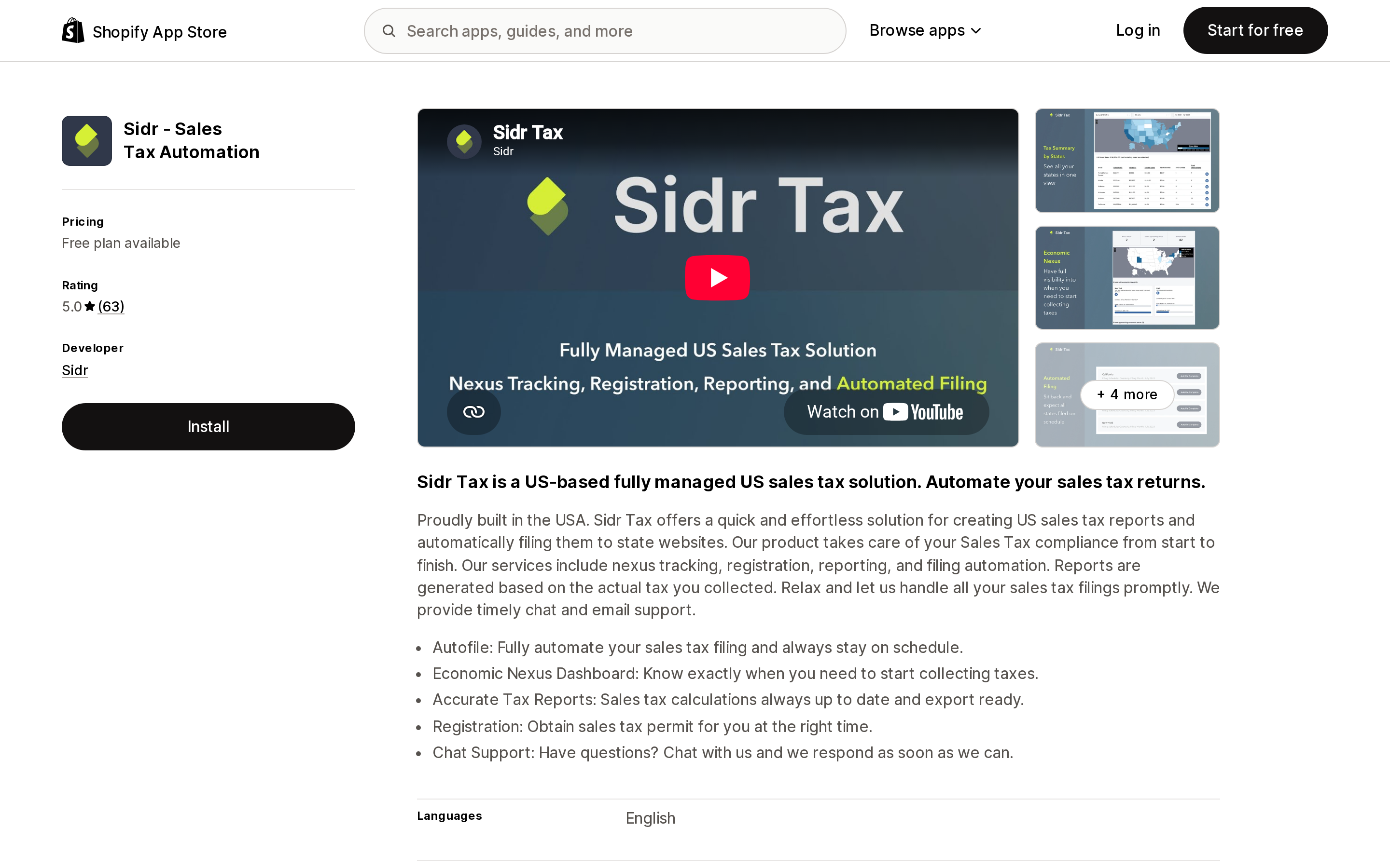 Top of the Shopify App Store listing page for Sidr ‑ Sales Tax Automation