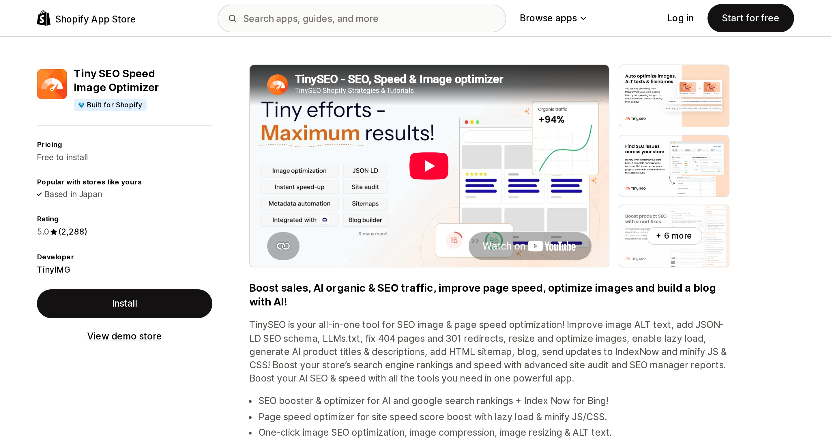 Top of the Shopify App Store listing page for Tiny SEO Speed Image Optimizer