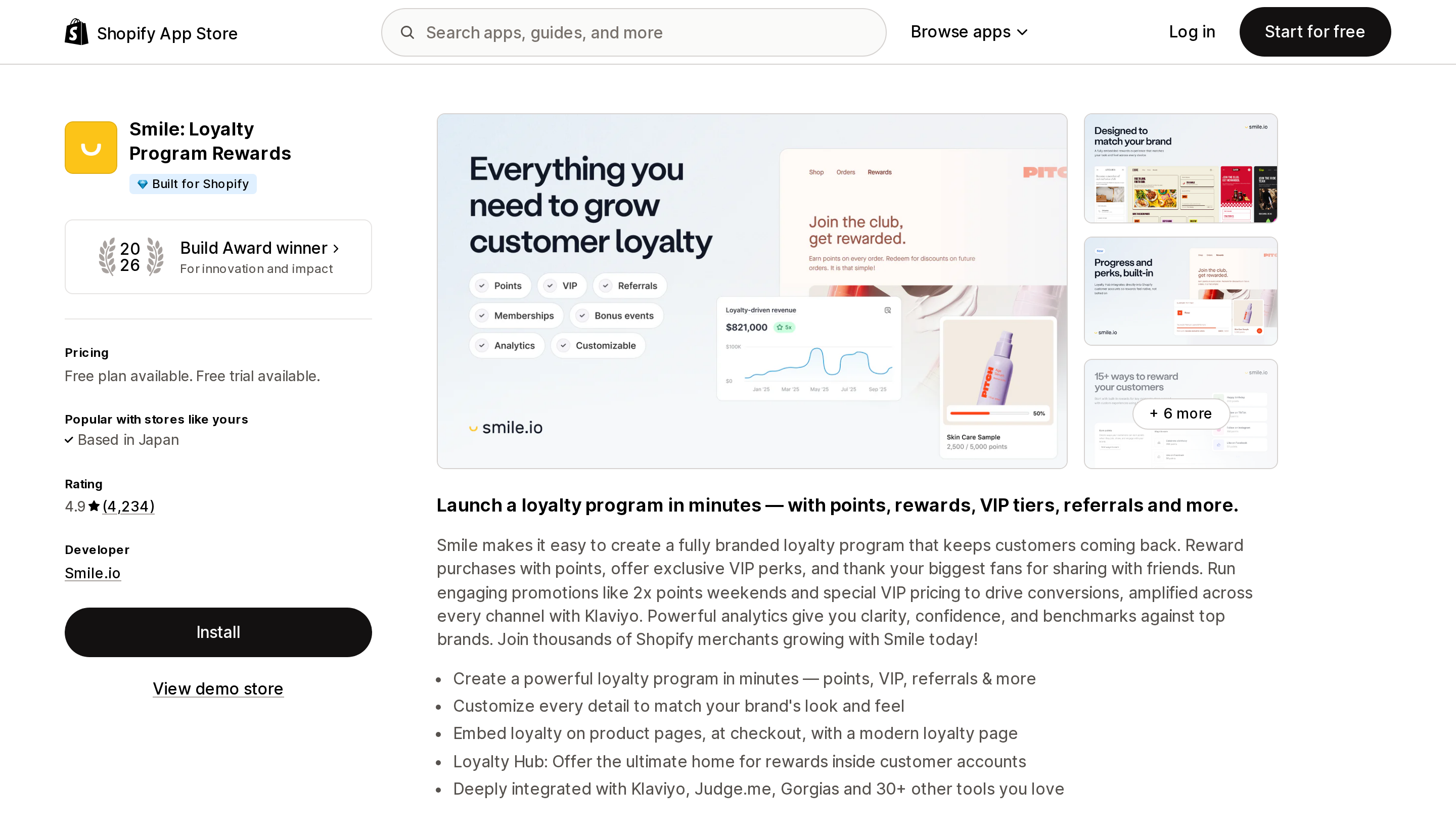 Top of the Shopify App Store listing page for Smile: Loyalty Program Rewards